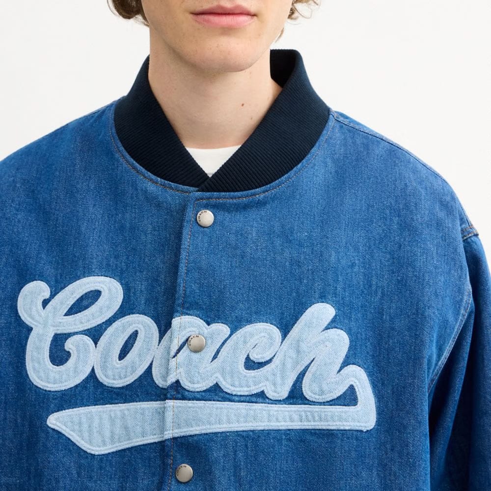 Coach Denim Varsity Jacket In Organic Cotton Washed Blue Multi
