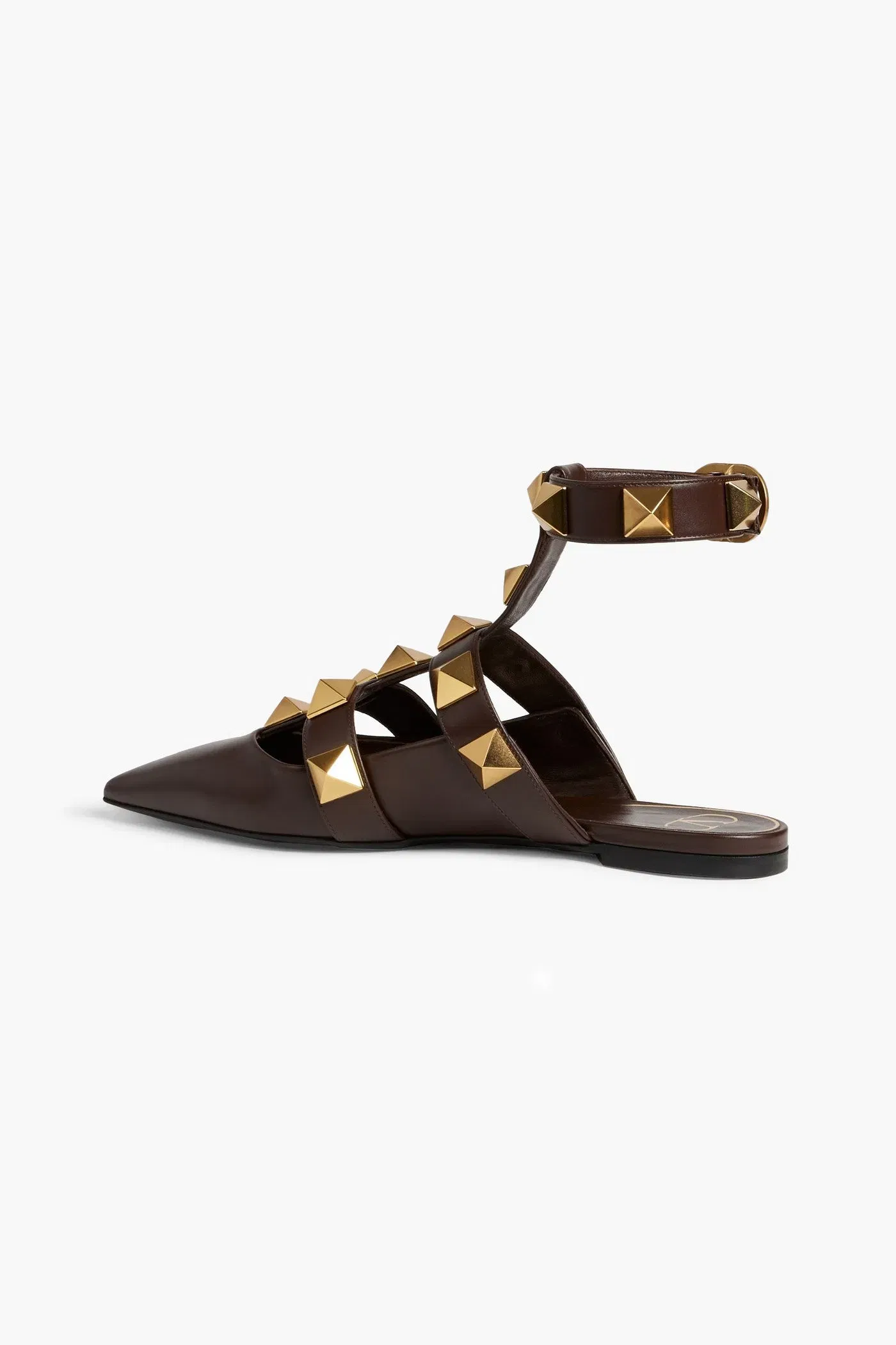 Valentino Garavani Roman Stud Leather Point-Toe Flats Chocolate Women's