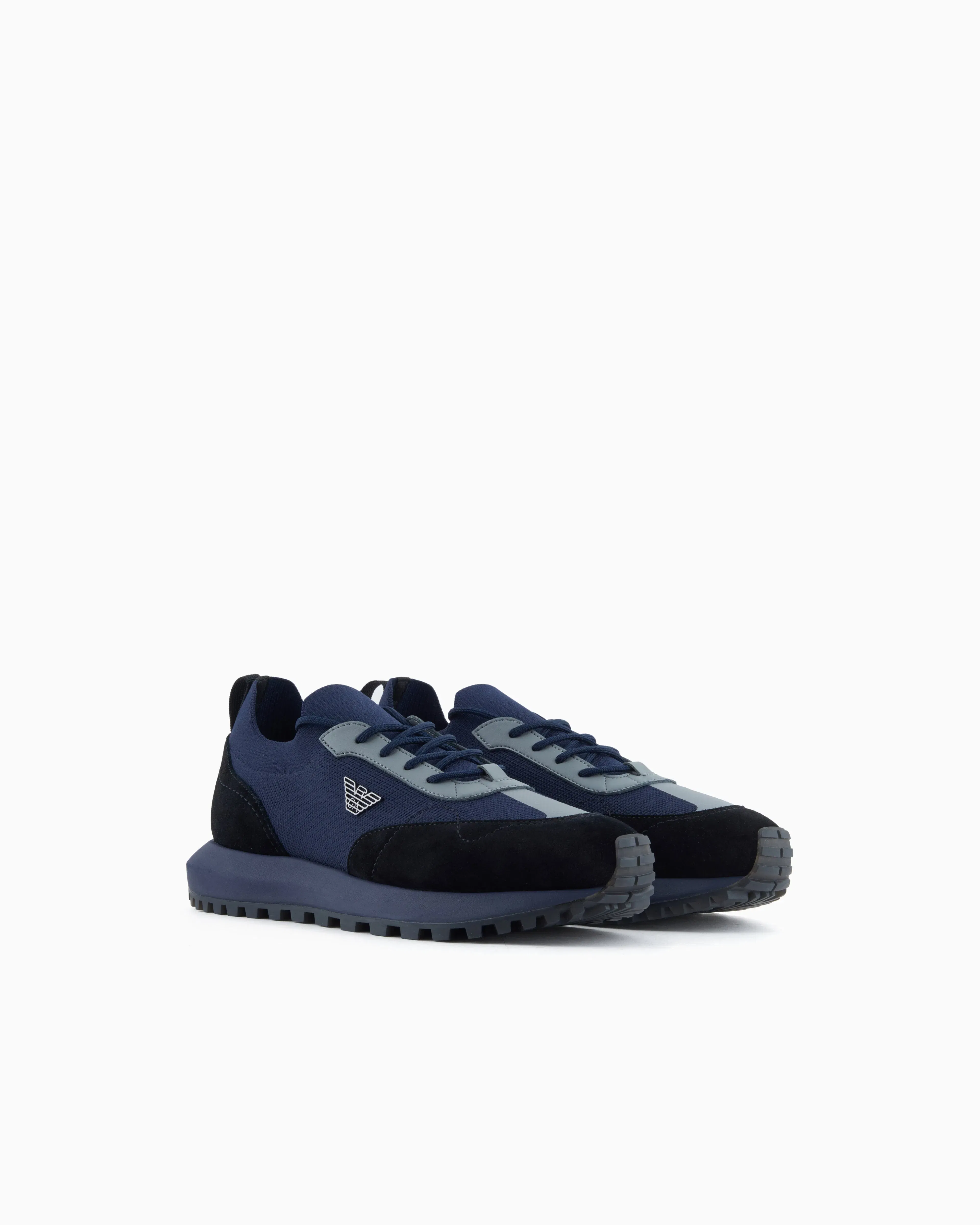 Emporio Armani Low-Top Sneakers In Suede And Mesh With A Rubber Sole Blue