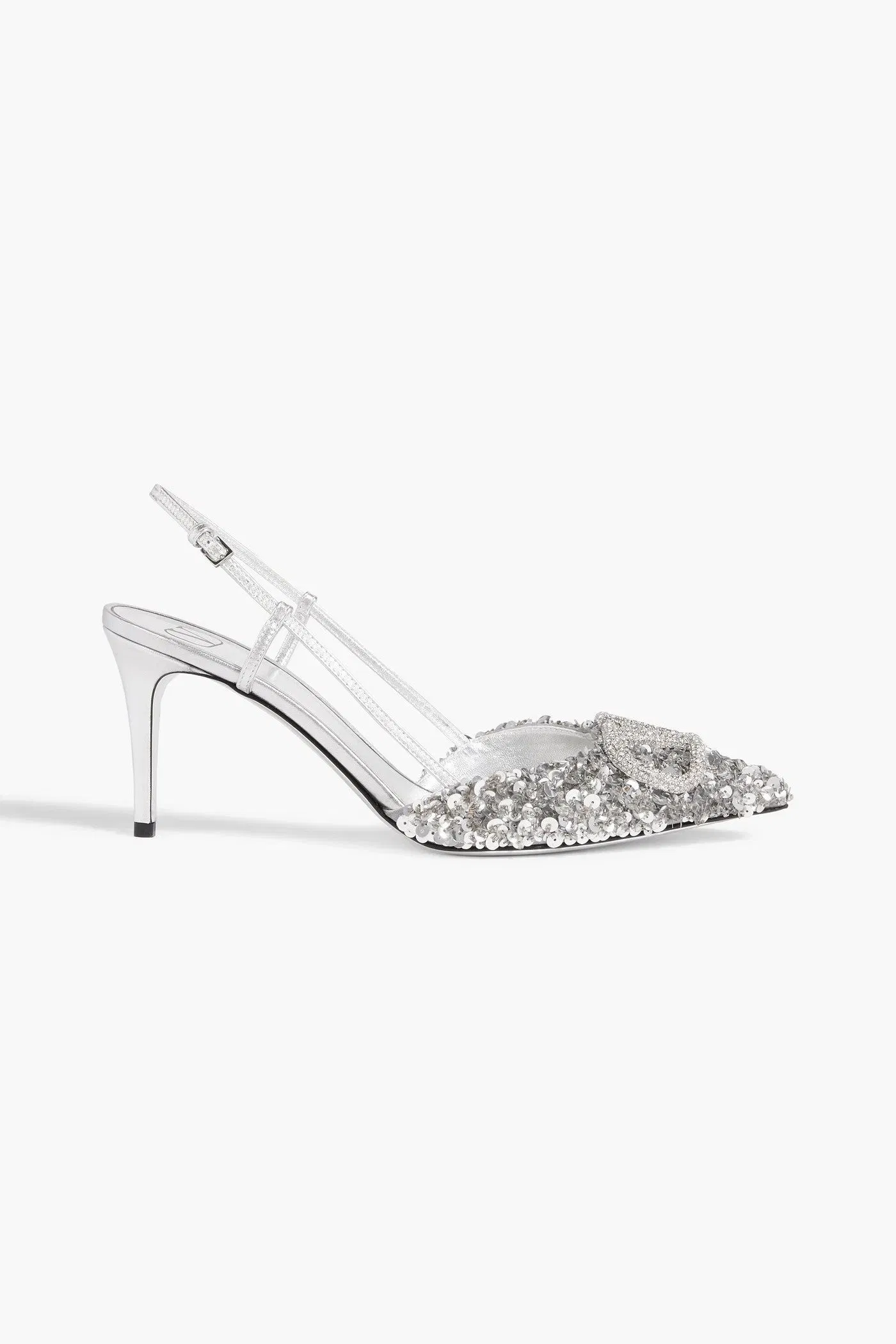 Valentino Garavani Vlogo Sequined Leather Slingback Pumps Silver Women's