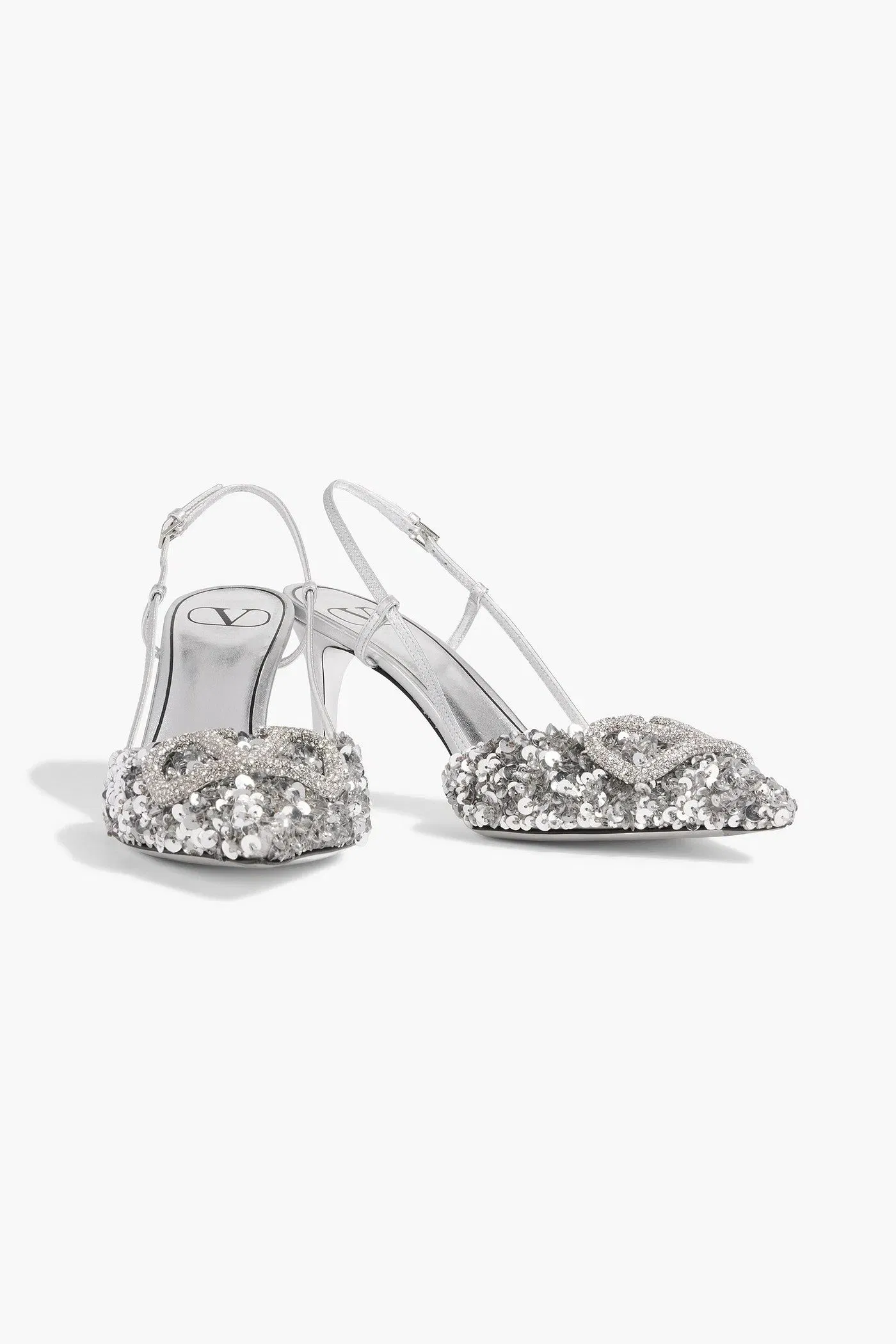 Valentino Garavani Vlogo Sequined Leather Slingback Pumps Silver Women's