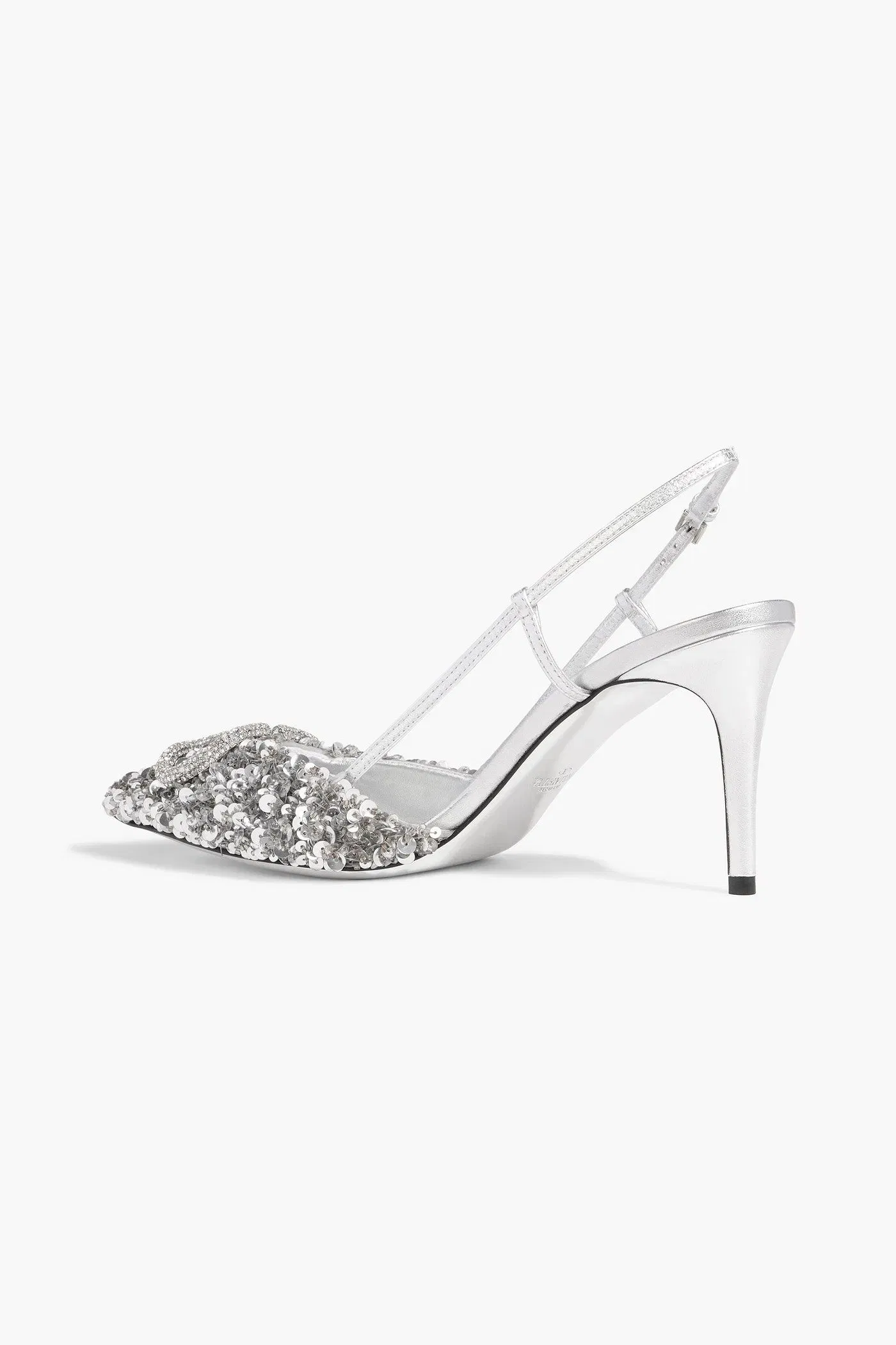 Valentino Garavani Vlogo Sequined Leather Slingback Pumps Silver Women's
