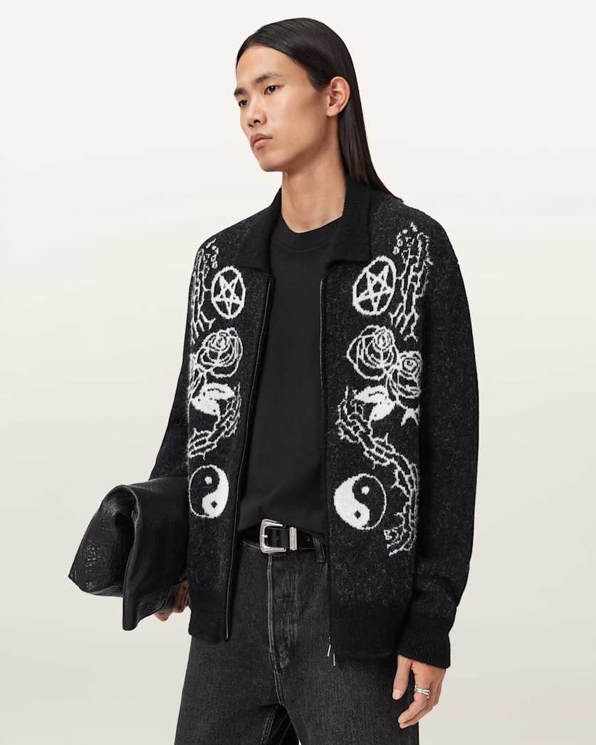 AllSaints Warner Jacquard Wool Cardigan Cinder Black/White