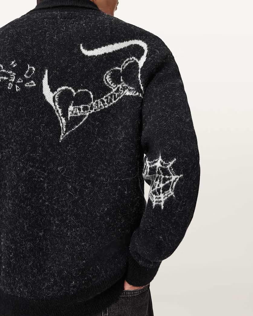 AllSaints Warner Jacquard Wool Cardigan Cinder Black/White