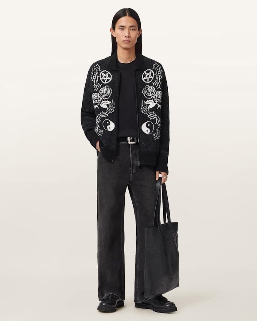 AllSaints Warner Jacquard Wool Cardigan Cinder Black/White