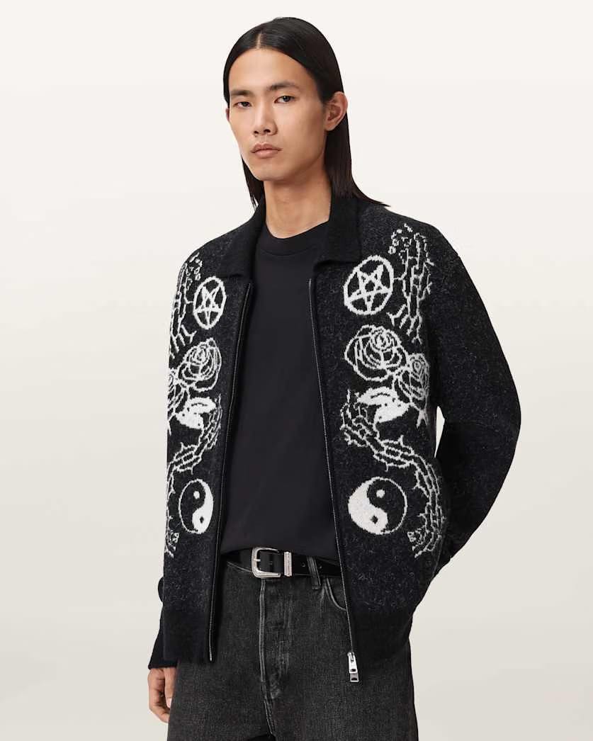 AllSaints Warner Jacquard Wool Cardigan Cinder Black/White