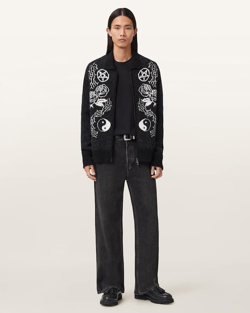 AllSaints Warner Jacquard Wool Cardigan Cinder Black/White