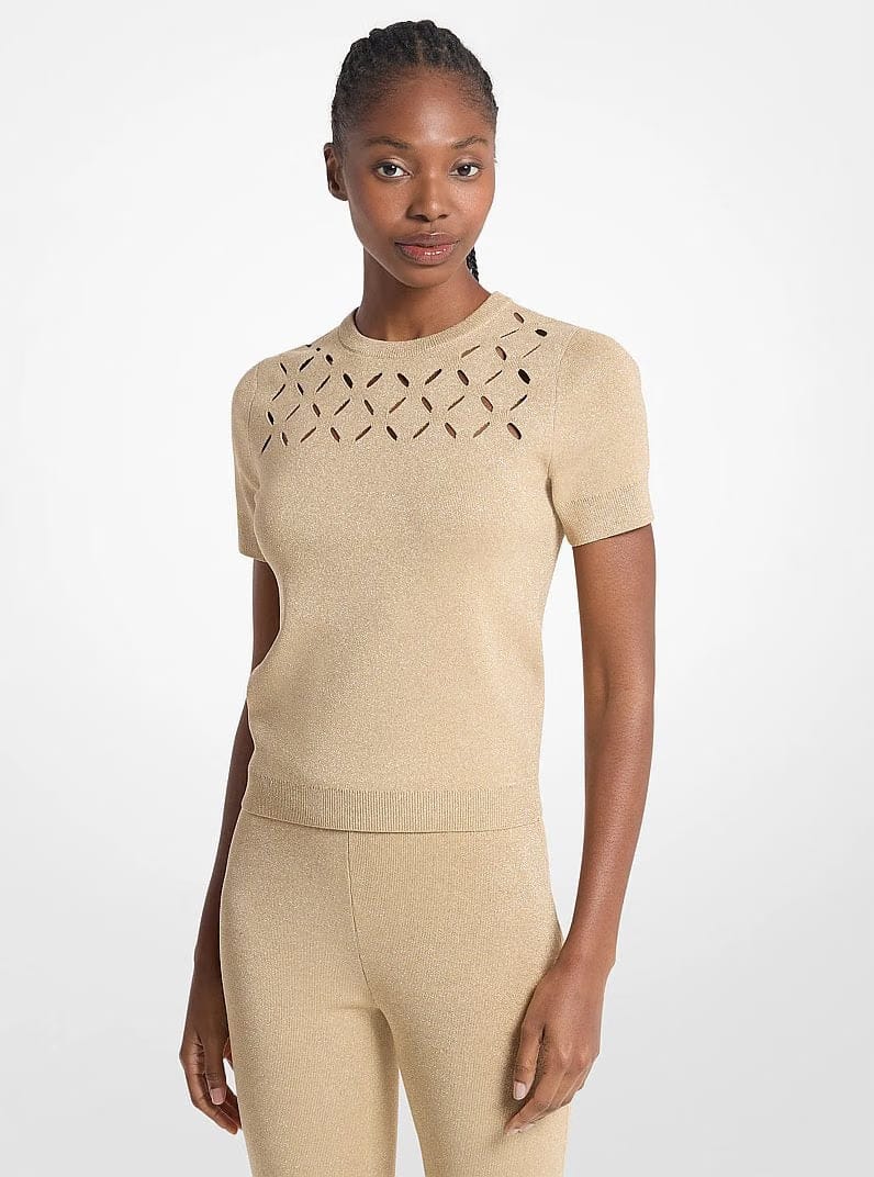 Michael Kors Laser Cut Metallic Stretch Knit Top GOLD