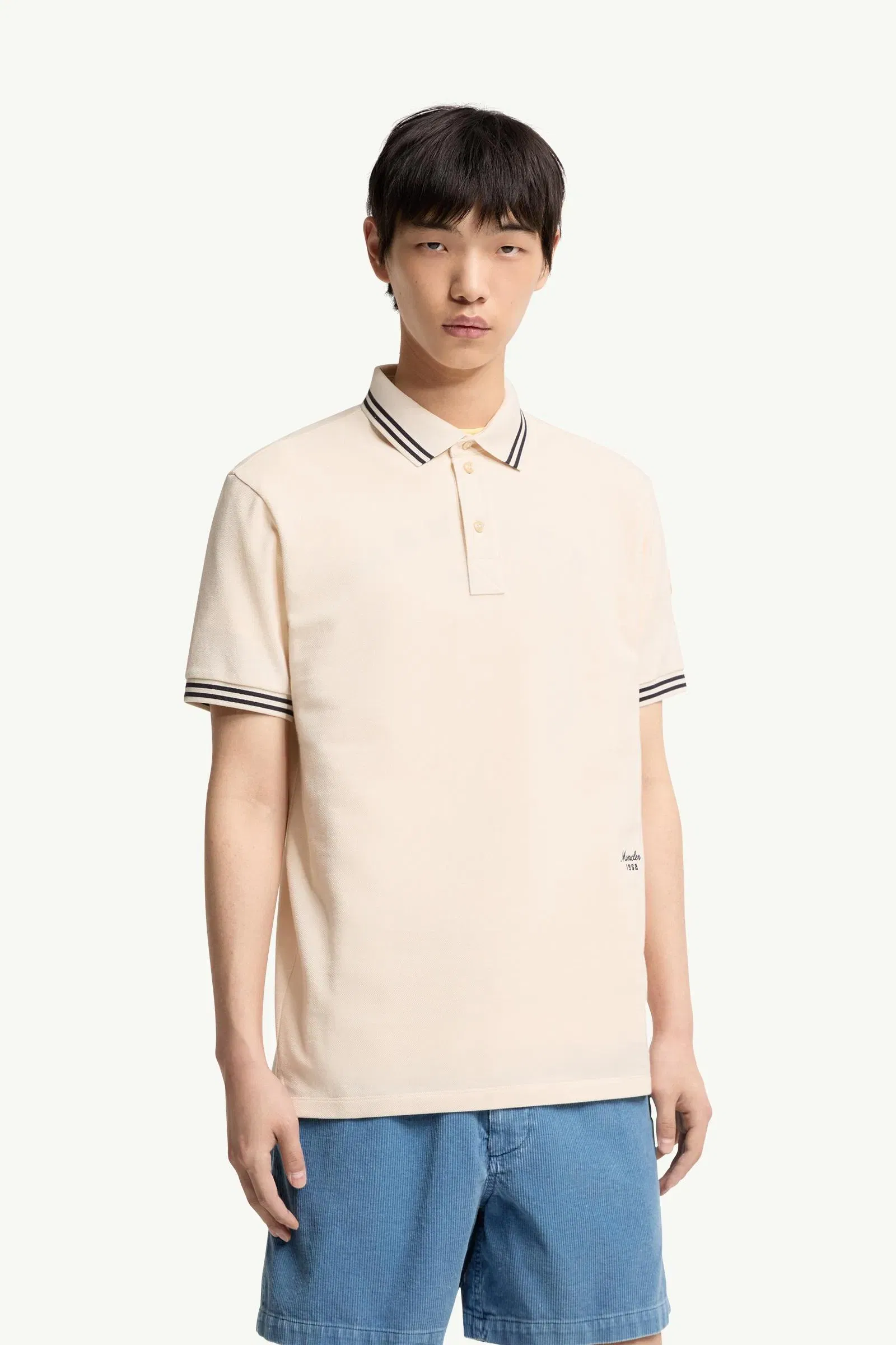 Moncler Striped Trim Cotton Piquet Polo Shirt White Ivory White Ivory