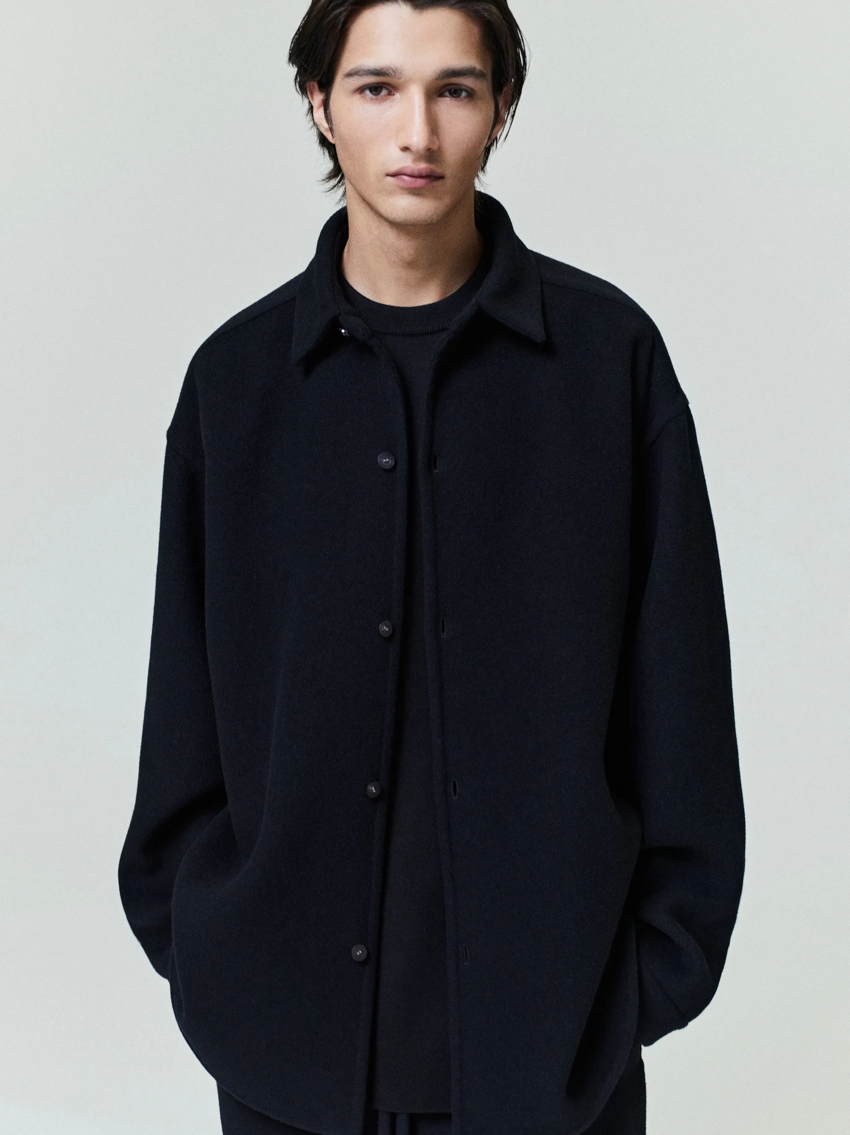 Essentials Double Face Wool Cashmere Relaxed Shirt Black