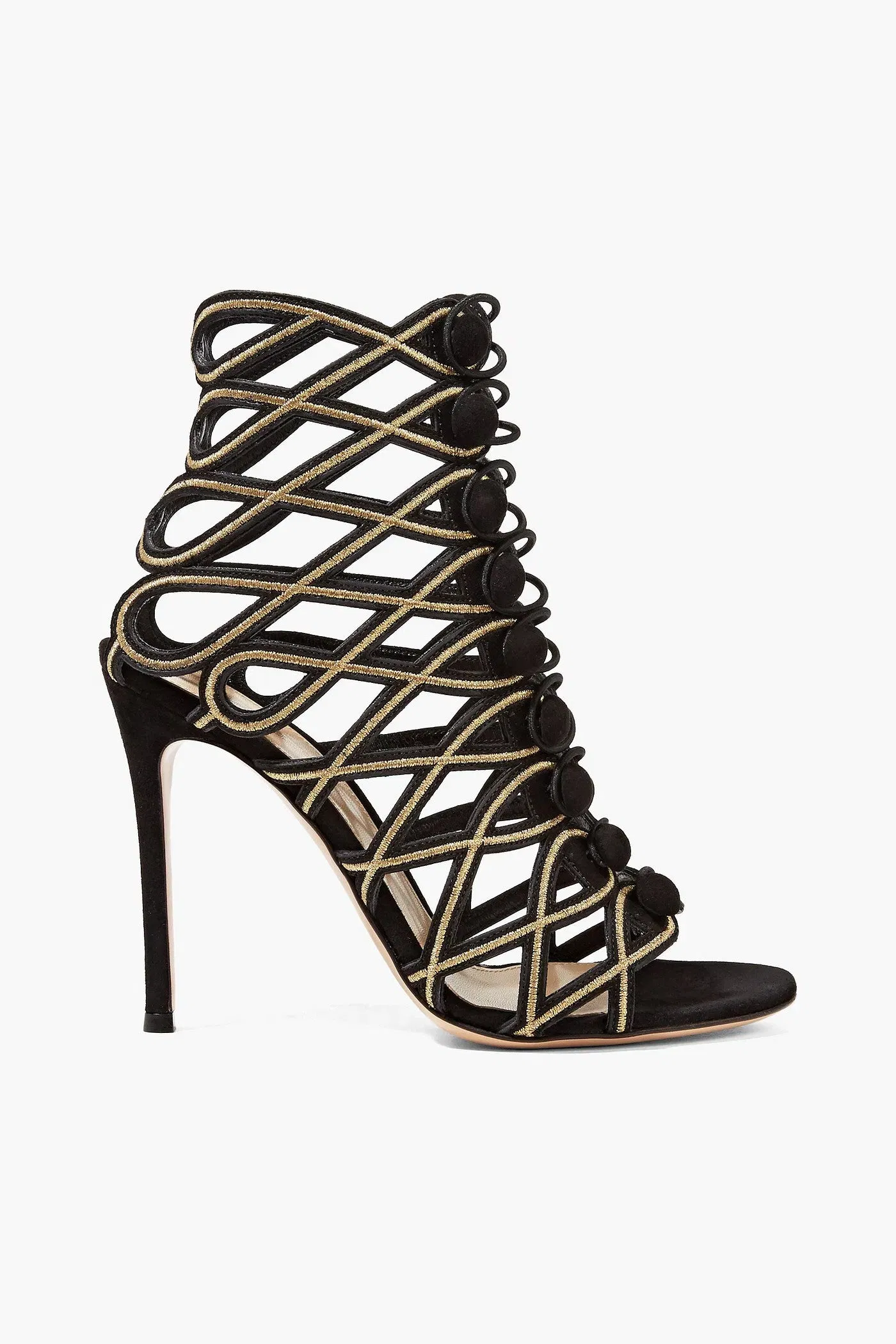 Gianvito Rossi Cutout Embroidered Suede Sandals Black Women's