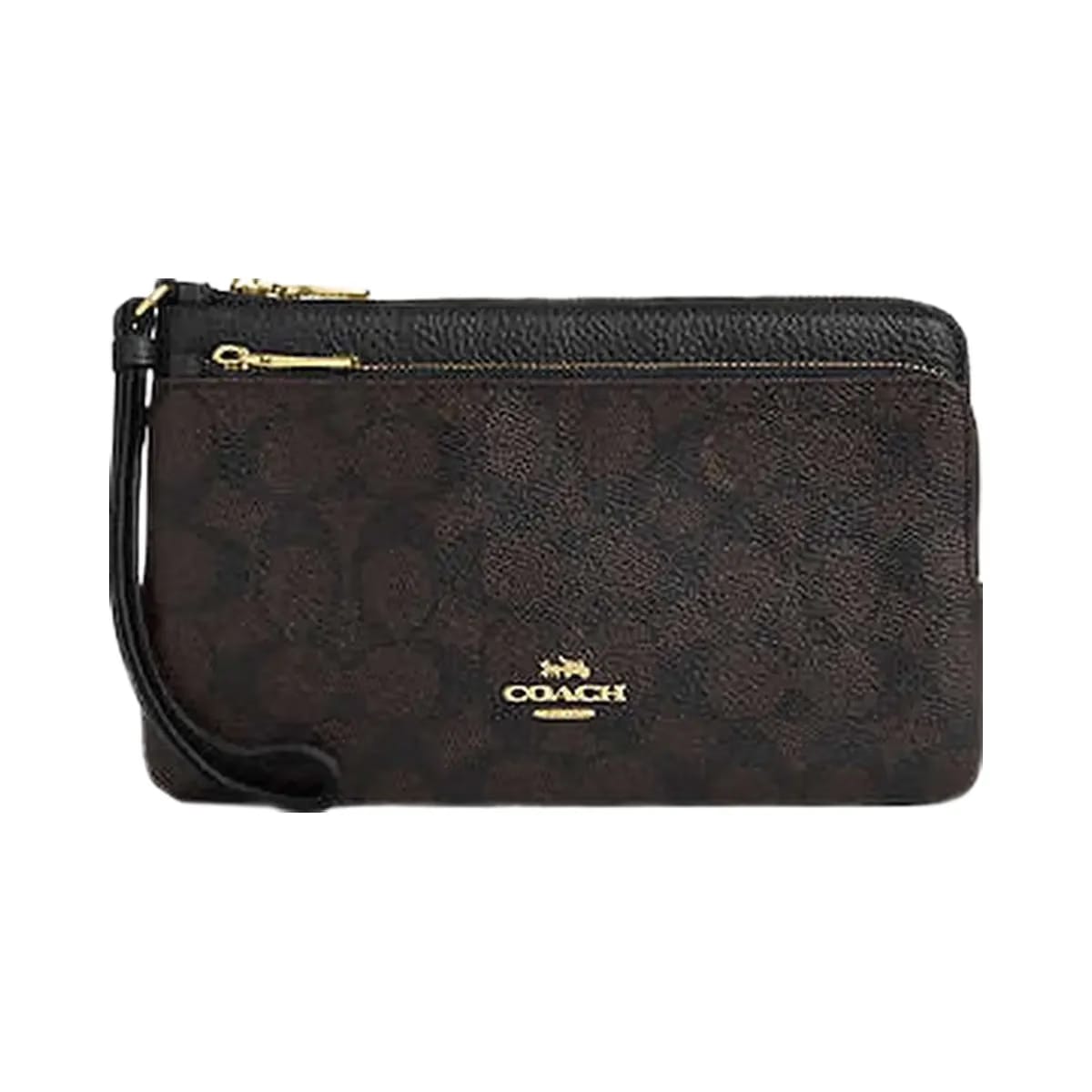 Coach Double Zip Wallet In Signature Canvas Signature Canvas-Gold-Walnut-Black