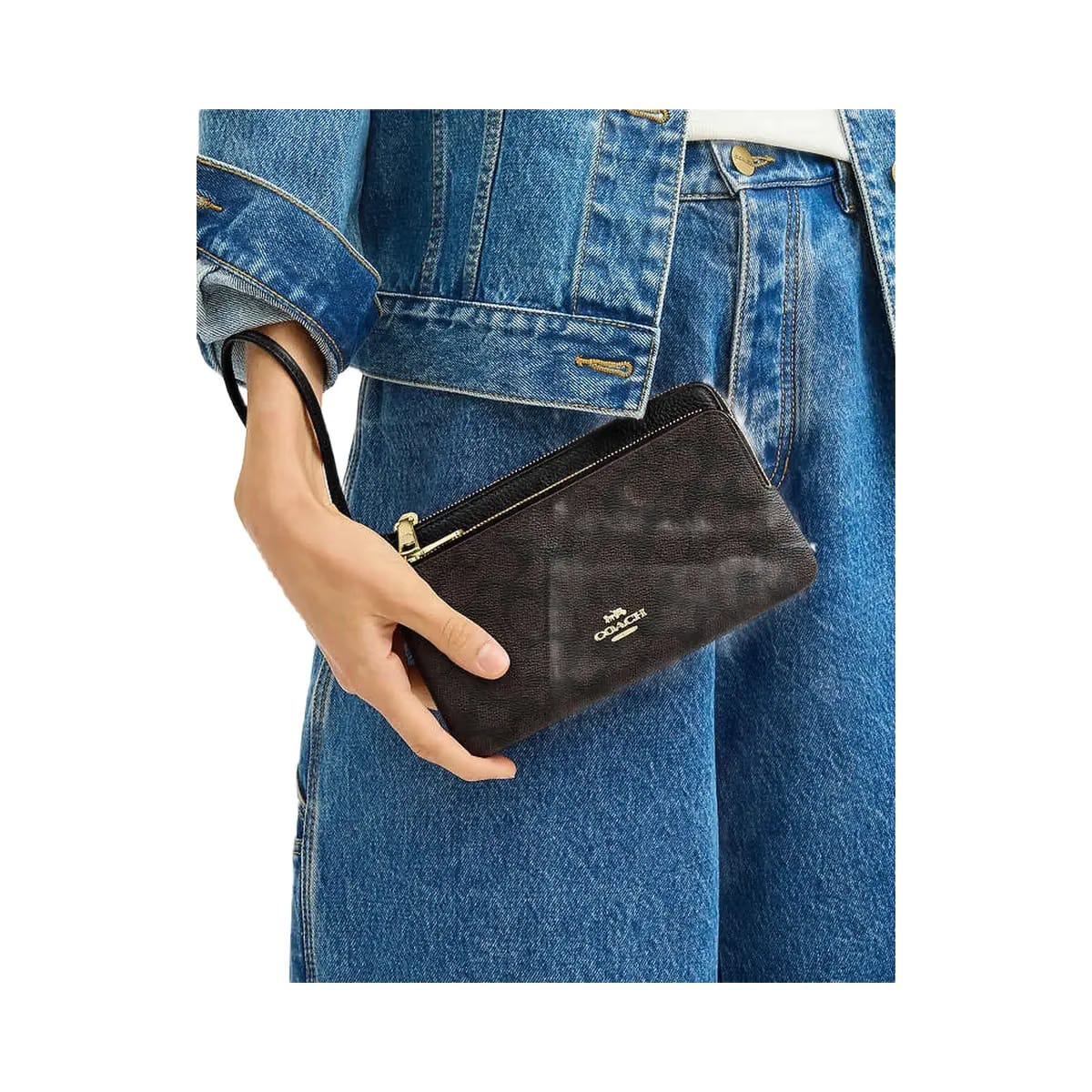 Coach Double Zip Wallet In Signature Canvas Signature Canvas-Gold-Walnut-Black