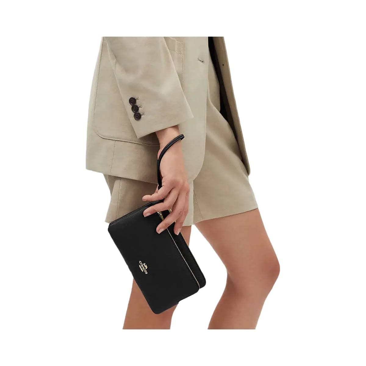 Coach Double Zip Wallet Pebbled Leather-Gold-Black