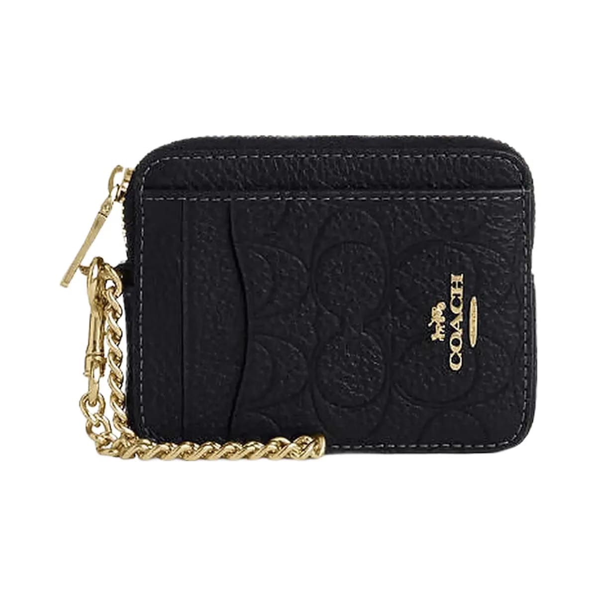 Coach Zip Card Case In Signature Leather Pebbled Leather-Gold-Black