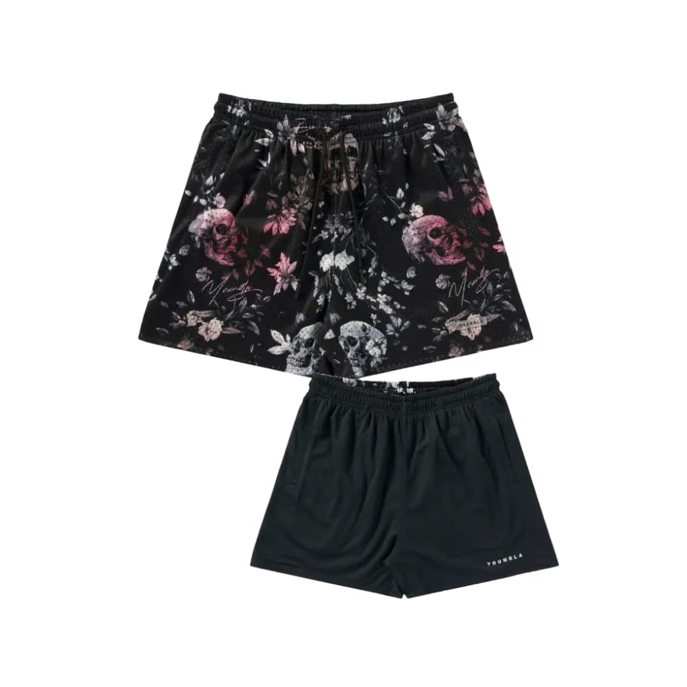 YoungLA Skulls & Roses Reversible Shorts Black Flower Skull