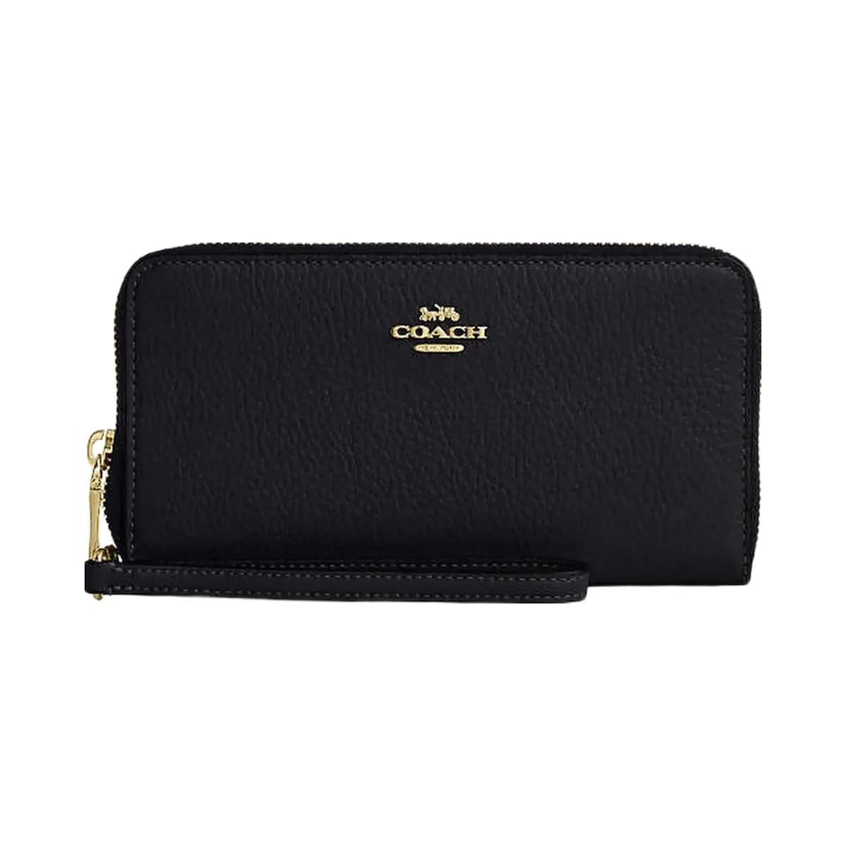 Coach Long Zip Around Wallet With Detachable Card Case Pebbled Leather-Gold-Black