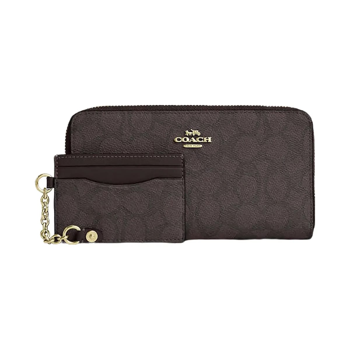 Coach Long Zip Around Wallet With Detachable Card Case In Signature Canvas Signature Canvas-Gold-Walnut-Black