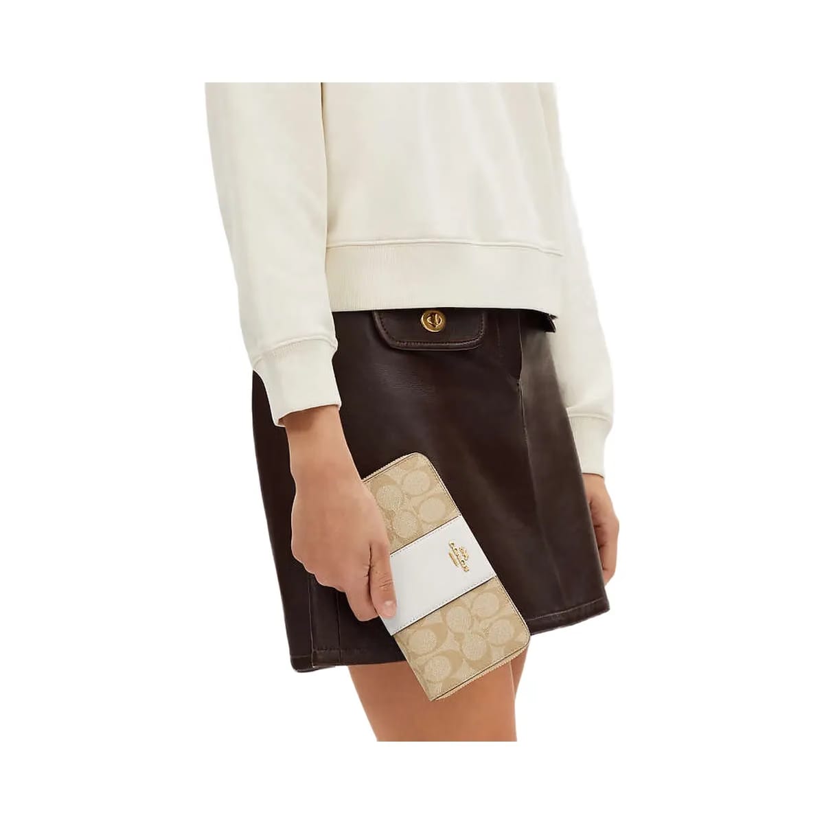 Coach Long Zip Around Wallet In Signature Canvas With Stripe Signature Canvas-Gold-Light Khaki-Chalk Lt Saddle