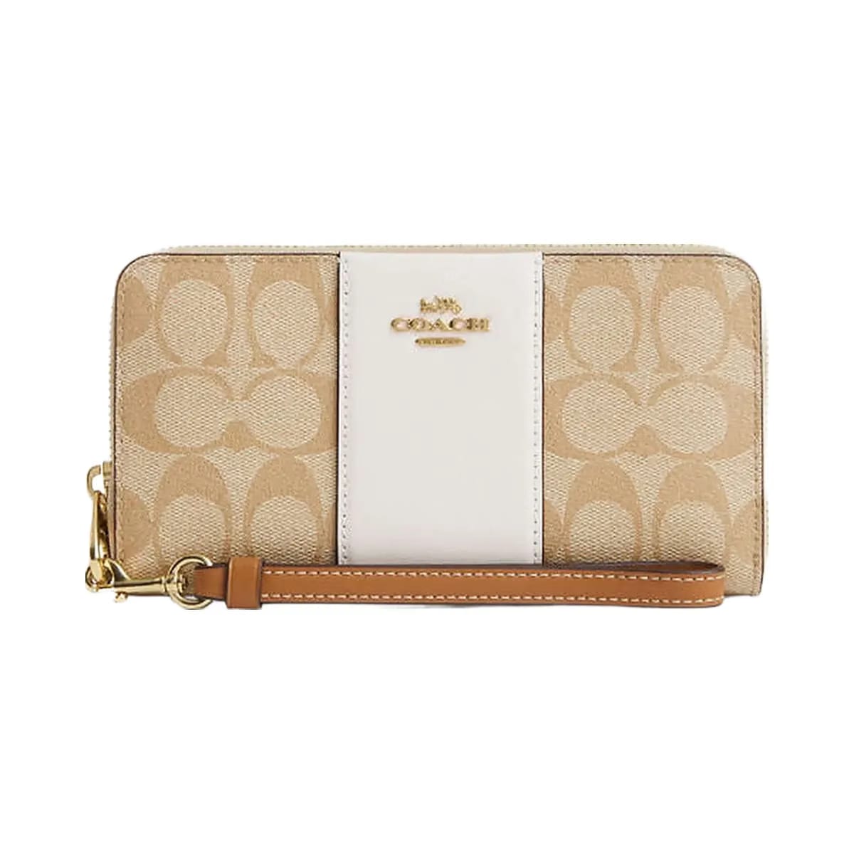 Coach Long Zip Around Wallet In Signature Canvas With Stripe Signature Canvas-Gold-Light Khaki-Chalk Lt Saddle