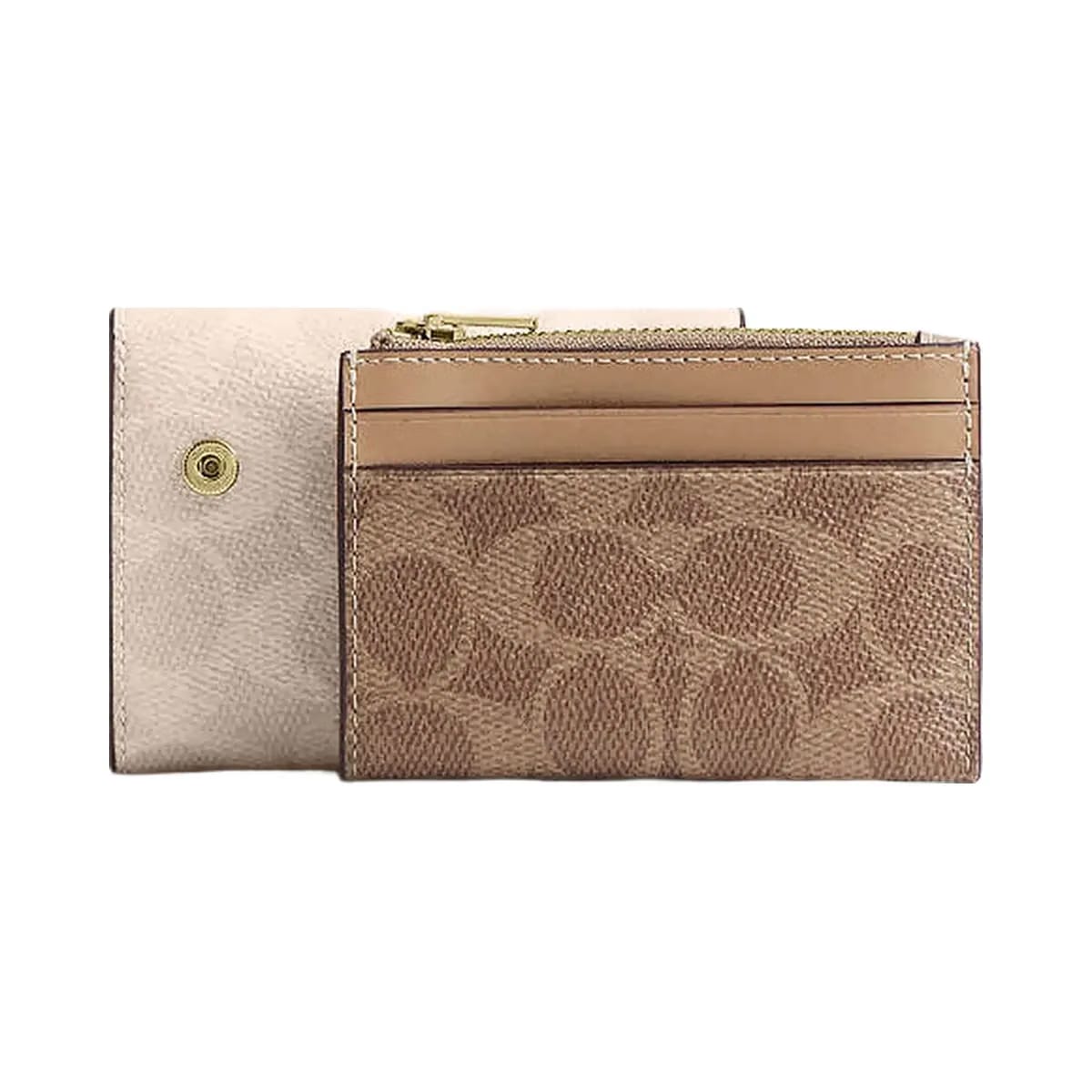 Coach Card Holder Wallet In Blocked Signature Canvas Signature Canvas-Gold-Sand-Tan