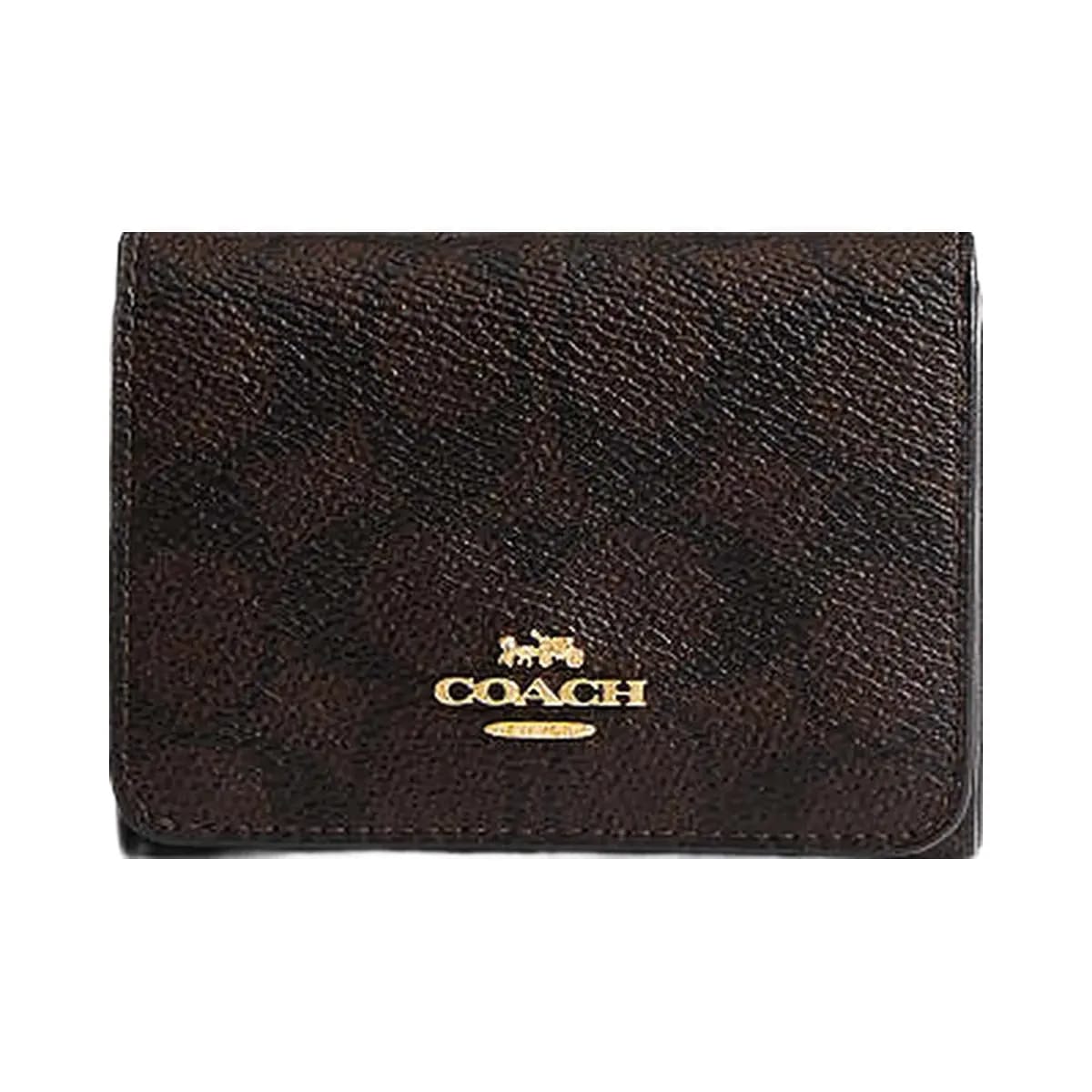 Coach Card Holder Wallet In Blocked Signature Canvas Signature Canvas-Gold-Walnut-Tan