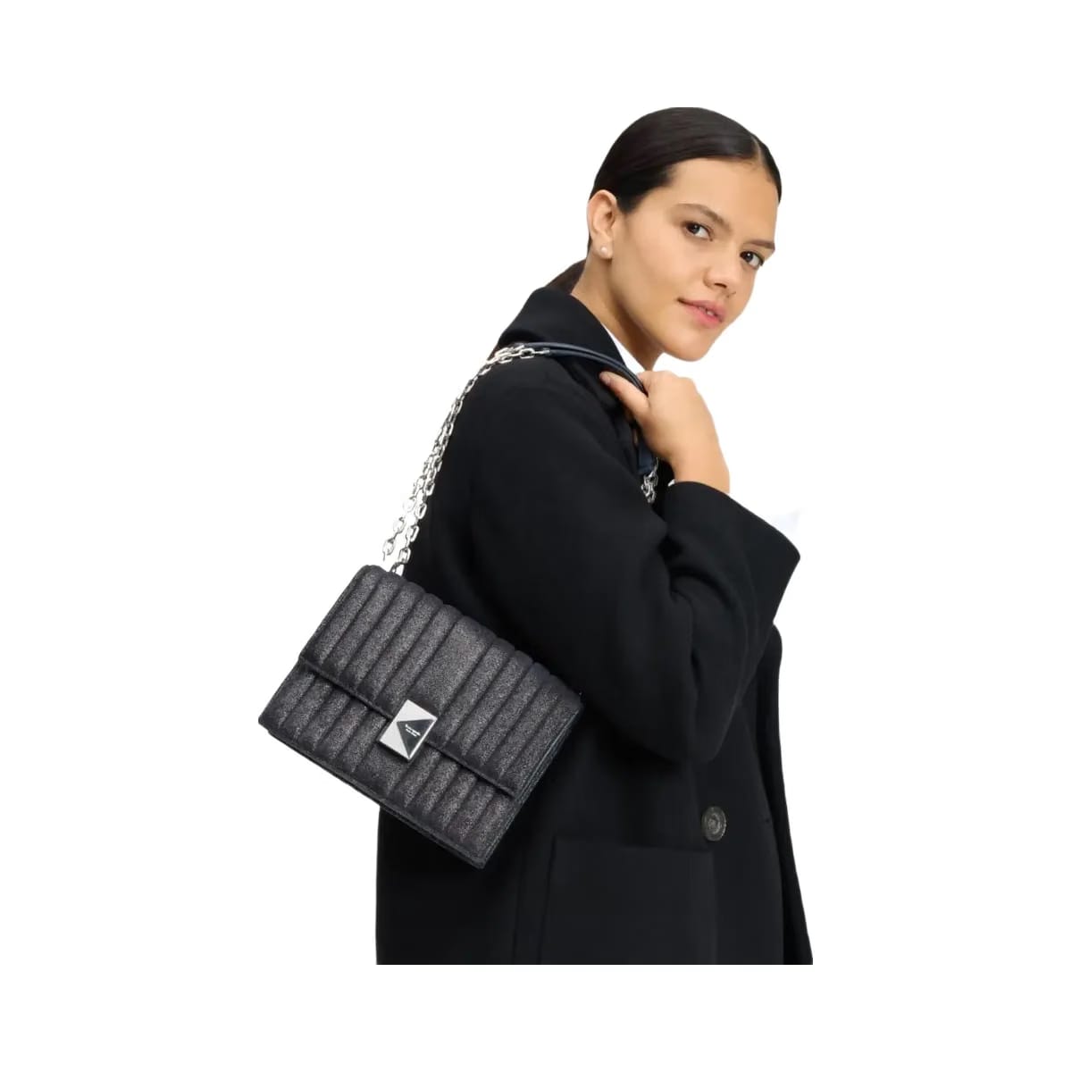 Kate Spade Deco Quilted Glitter Suede Chain Shoulder Bag Navy Multi