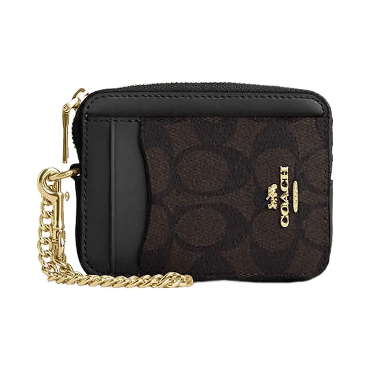 Coach Zip Card Case In Signature Canvas Gold Walnut Black
