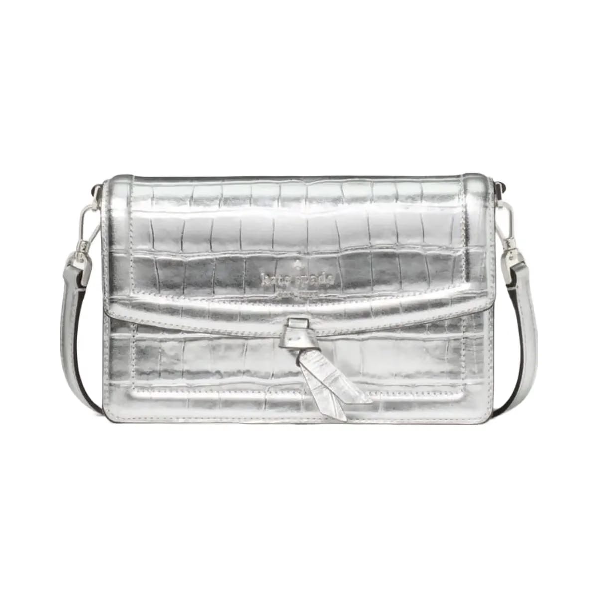 Kate Spade Knott Croc Embossed Mini Flap Crossbody Silver