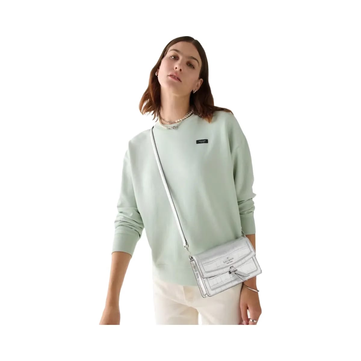 Kate Spade Knott Croc Embossed Mini Flap Crossbody Silver