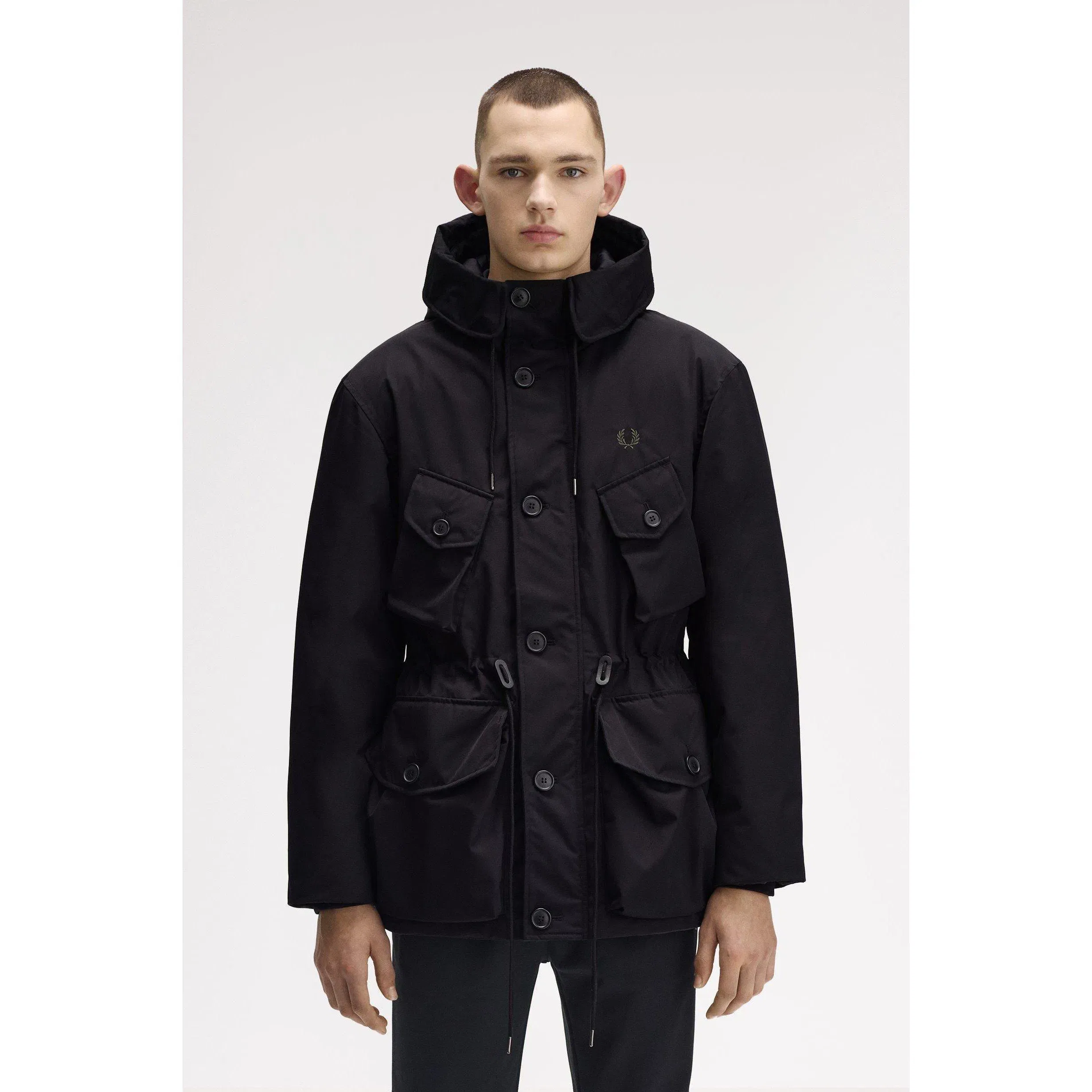 Patch Puffer Hooded Thigh Length Parka