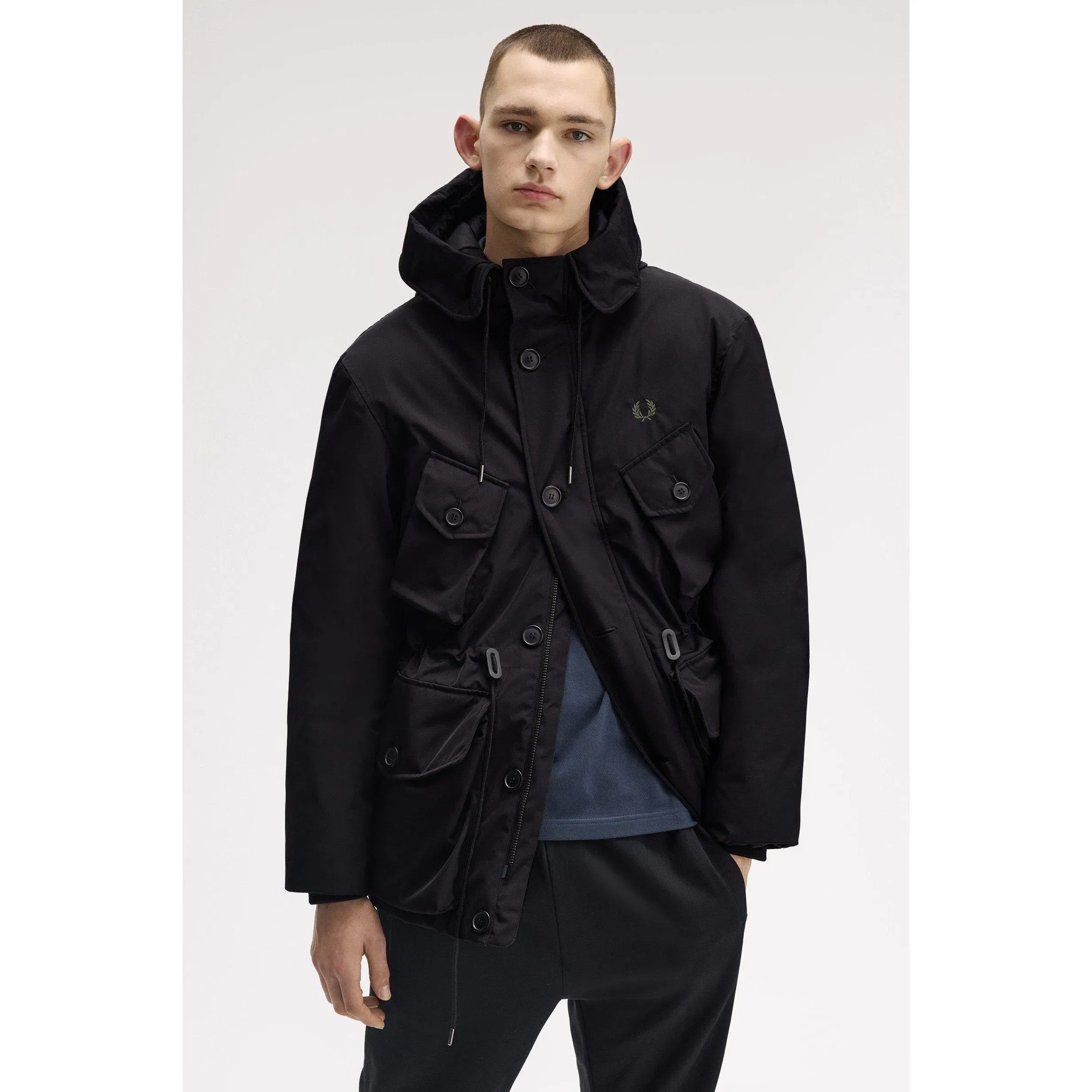 Patch Puffer Hooded Thigh Length Parka