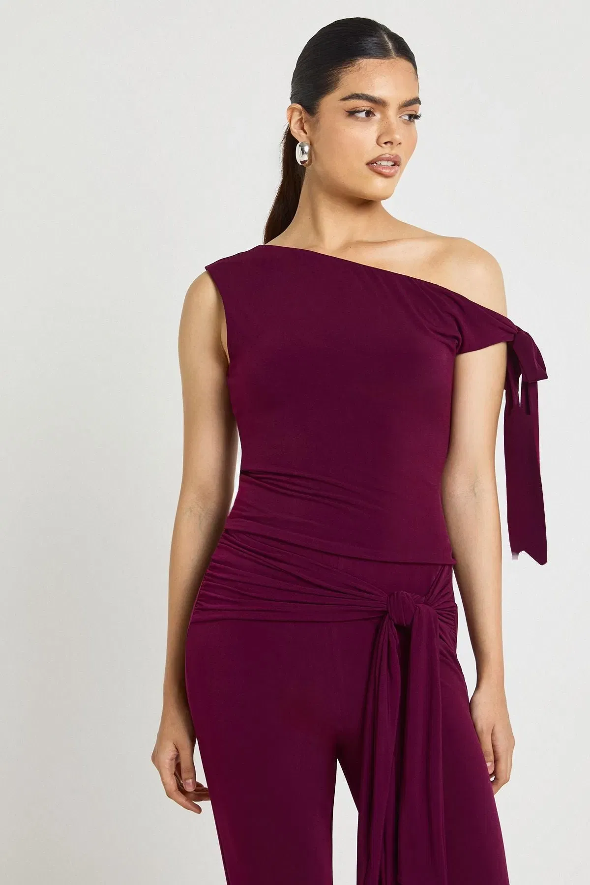 Double Layer Slinky Asym Shoulder Knot Detail Top