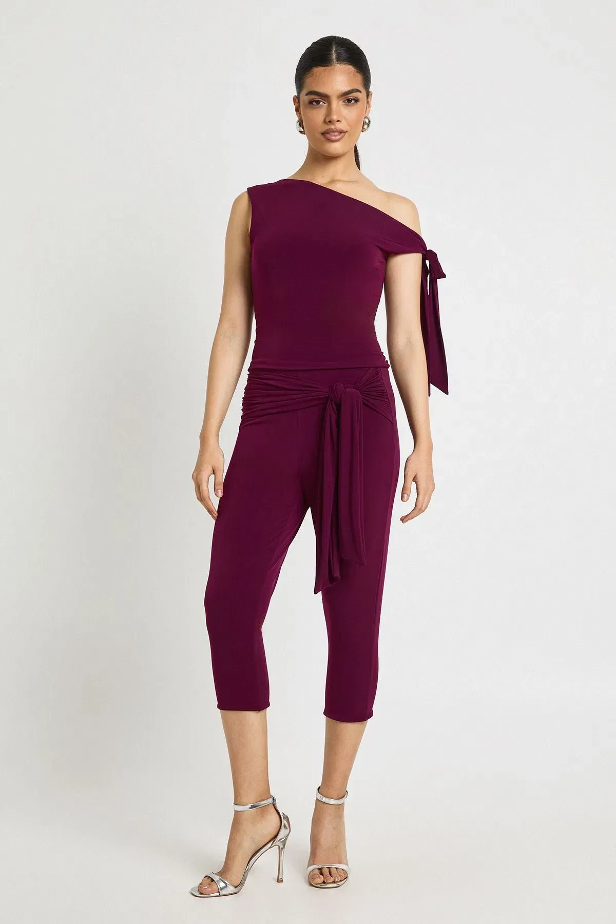 Double Layer Slinky Asym Shoulder Knot Detail Top