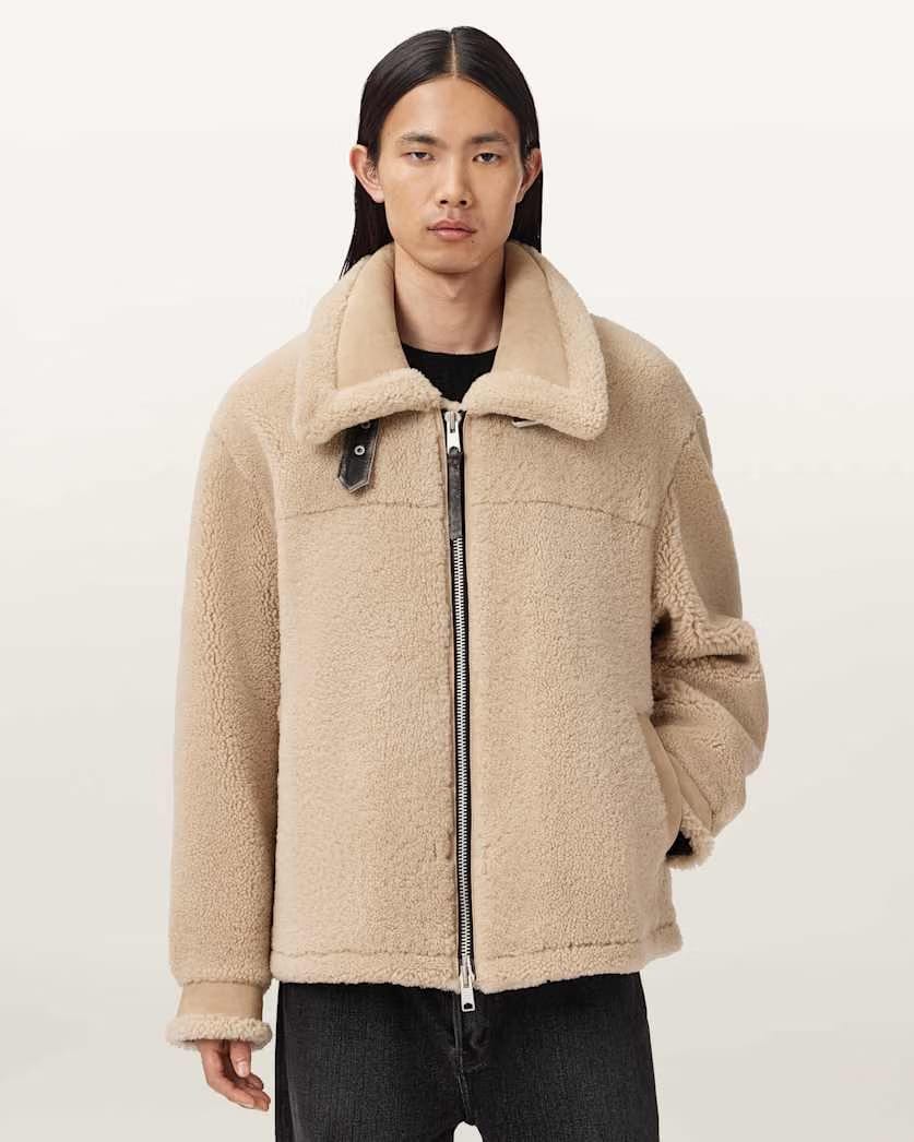 AllSaints Vernon Oversized Shearling Jacket Feather Taupe