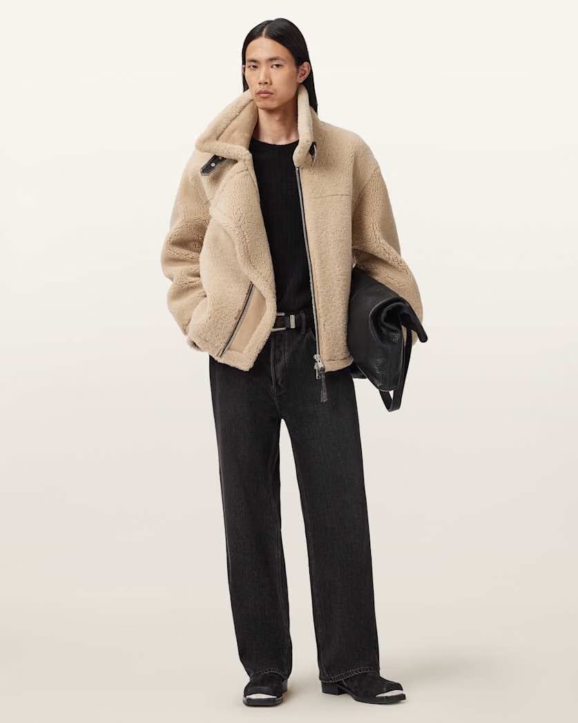 AllSaints Vernon Oversized Shearling Jacket Feather Taupe