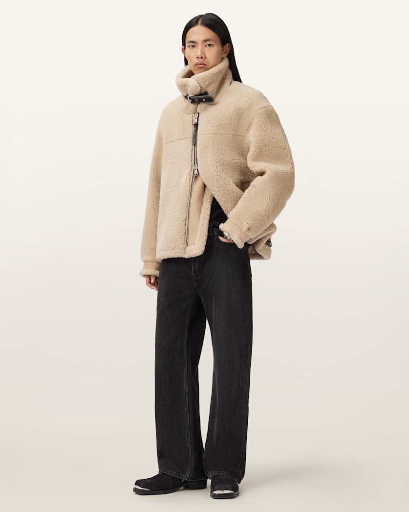 AllSaints Vernon Oversized Shearling Jacket Feather Taupe