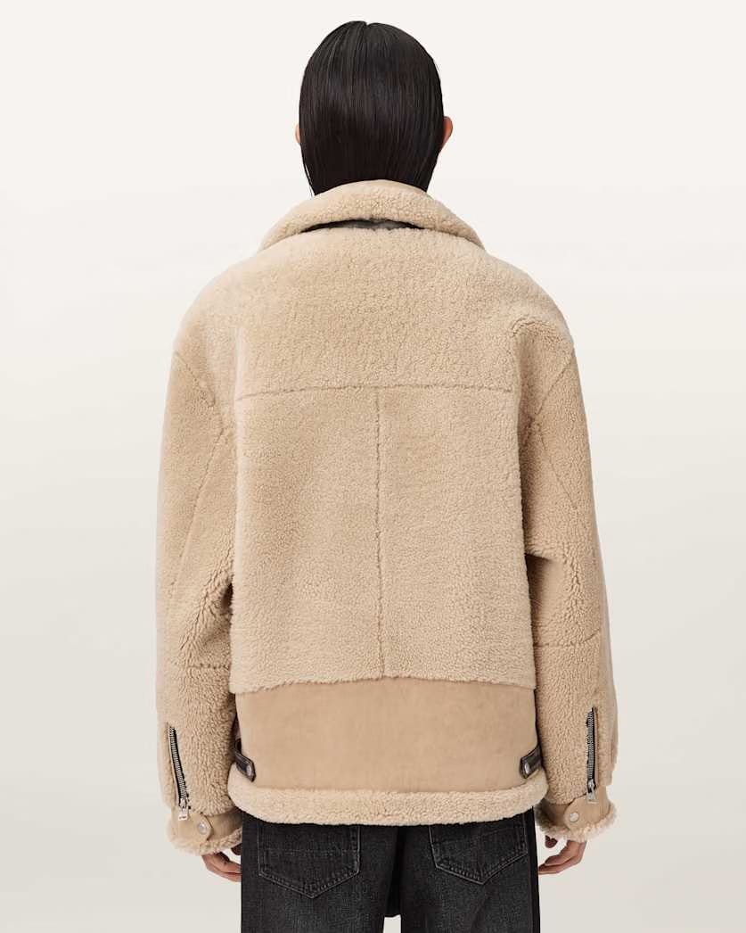 AllSaints Vernon Oversized Shearling Jacket Feather Taupe