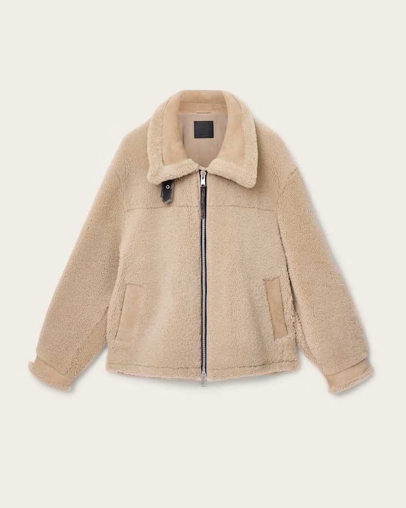 AllSaints Vernon Oversized Shearling Jacket Feather Taupe