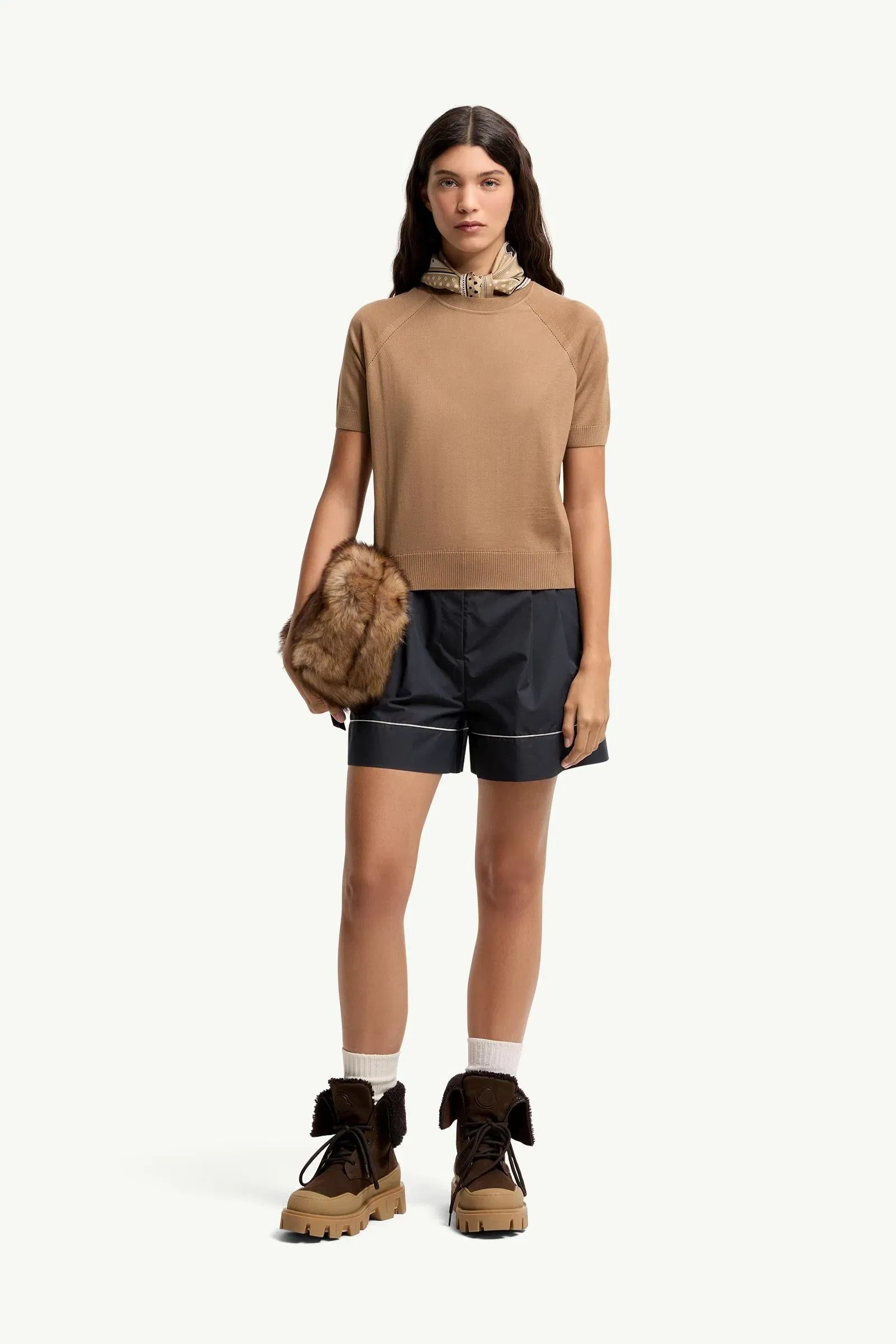 Moncler Short Sleeve Wool Sweater Light Brown Light Brown
