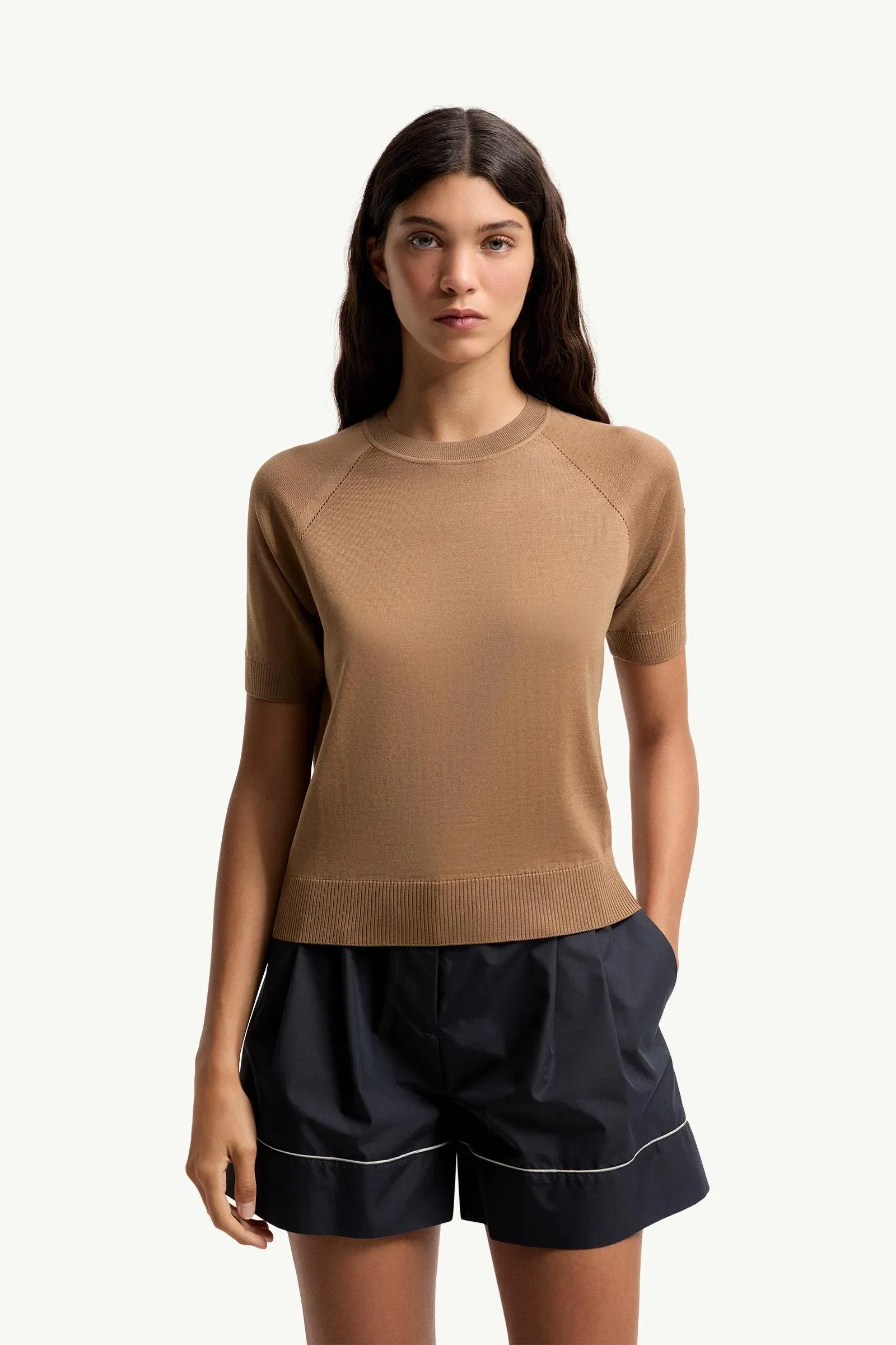 Moncler Short Sleeve Wool Sweater Light Brown Light Brown