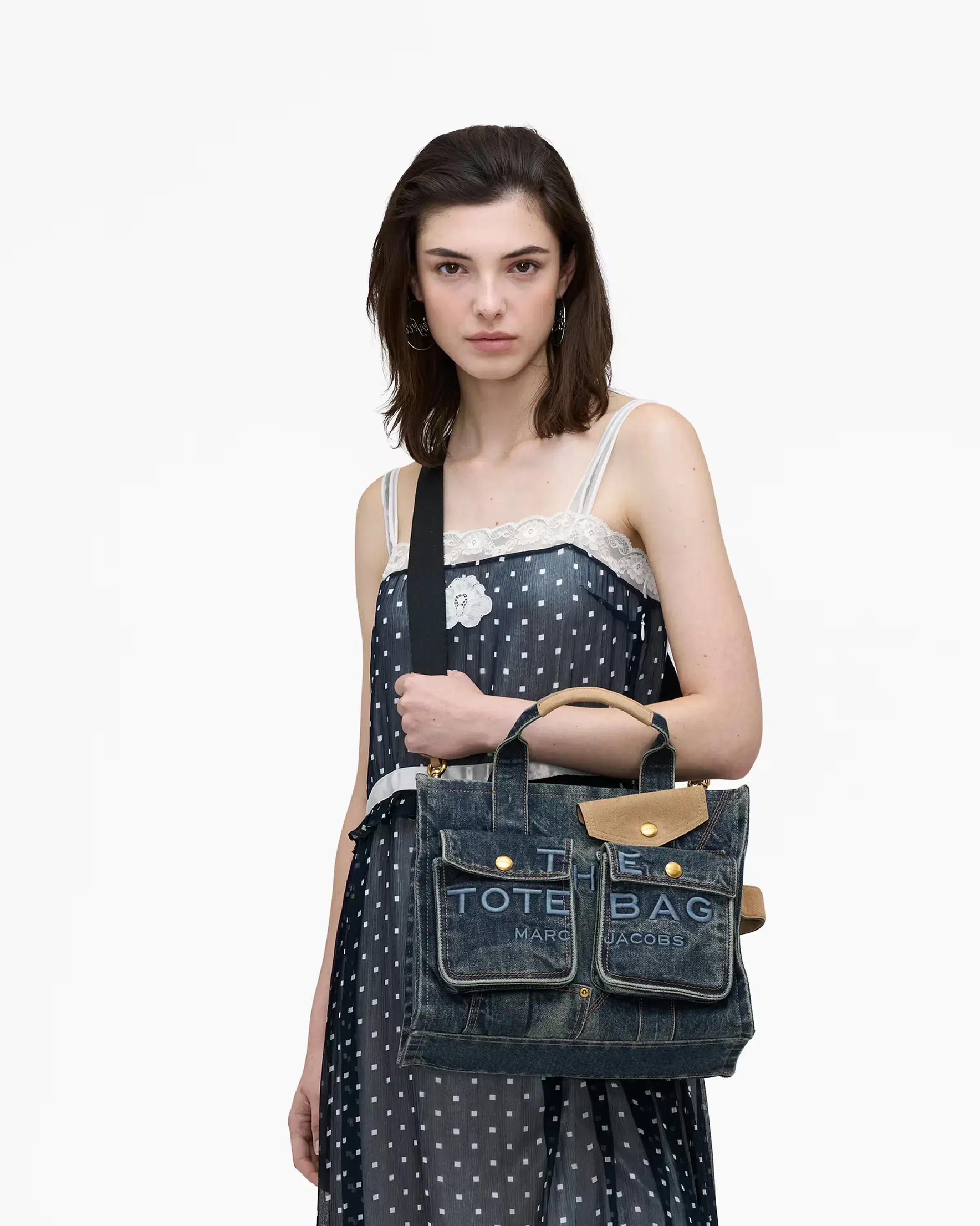 Marc Jacobs The Denim Suede Medium Cargo Tote Bag Dark Wash Indigo