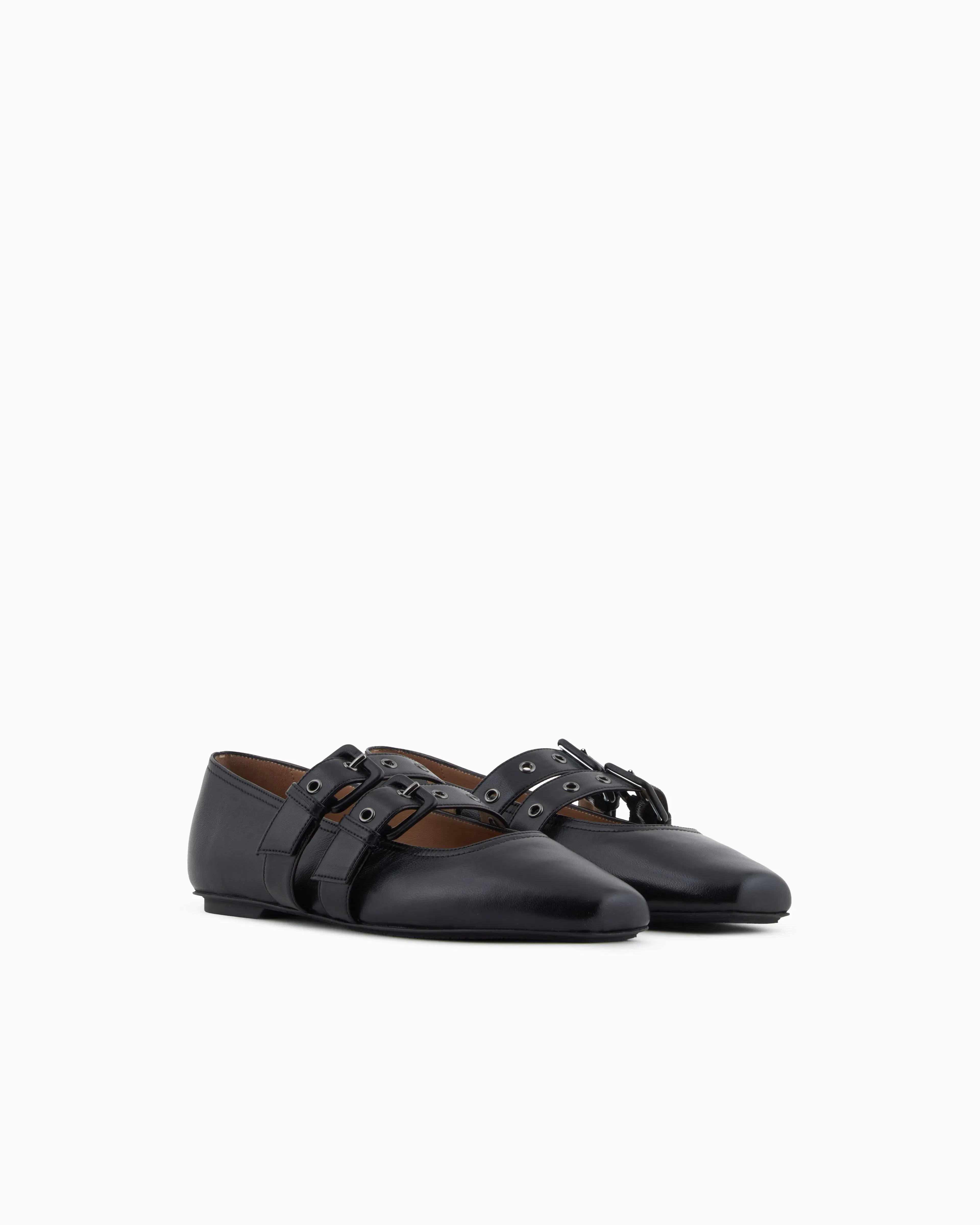 Emporio Armani Nappa-Leather Square-Toed Ballerinas With Double Strap Black