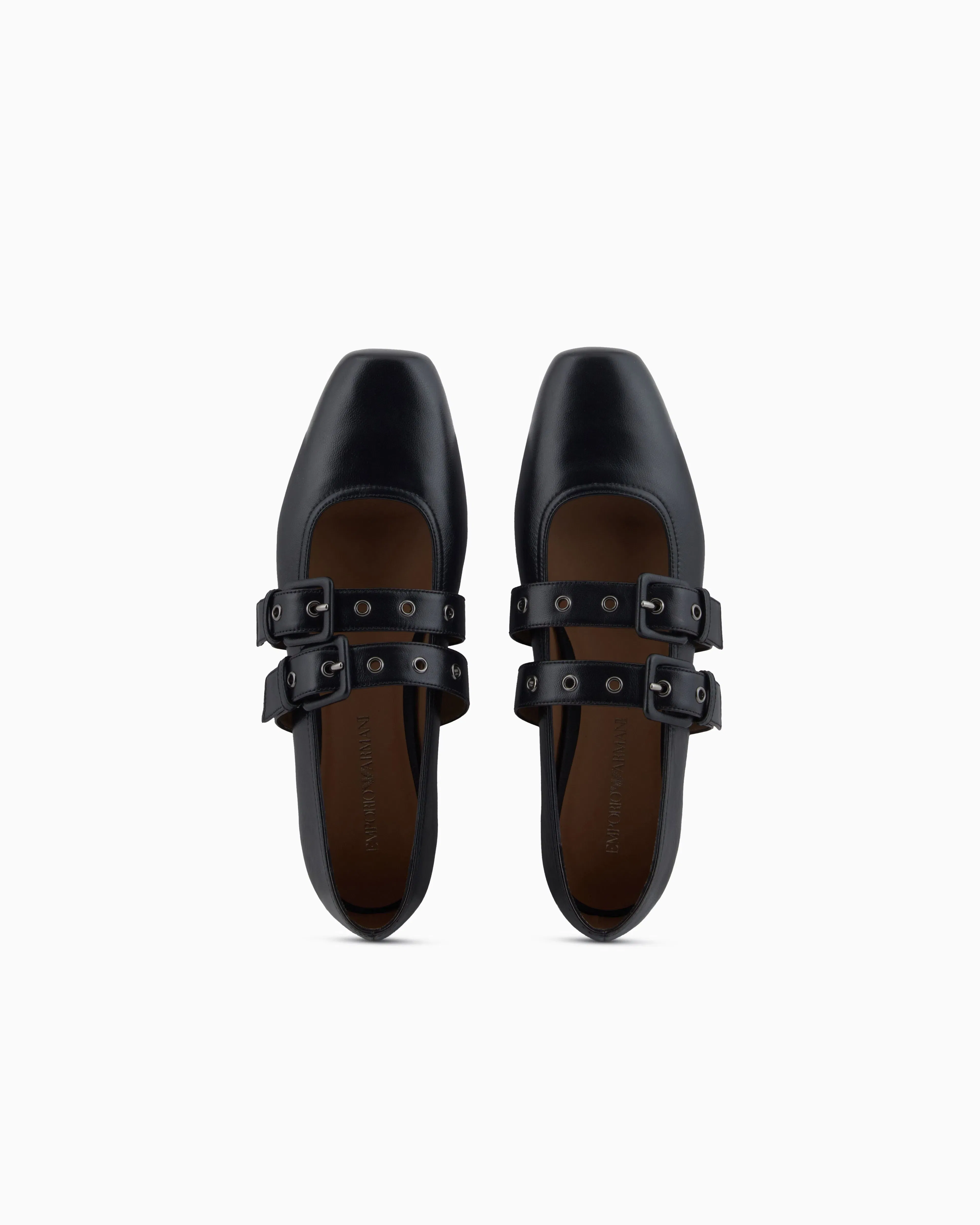 Emporio Armani Nappa-Leather Square-Toed Ballerinas With Double Strap Black