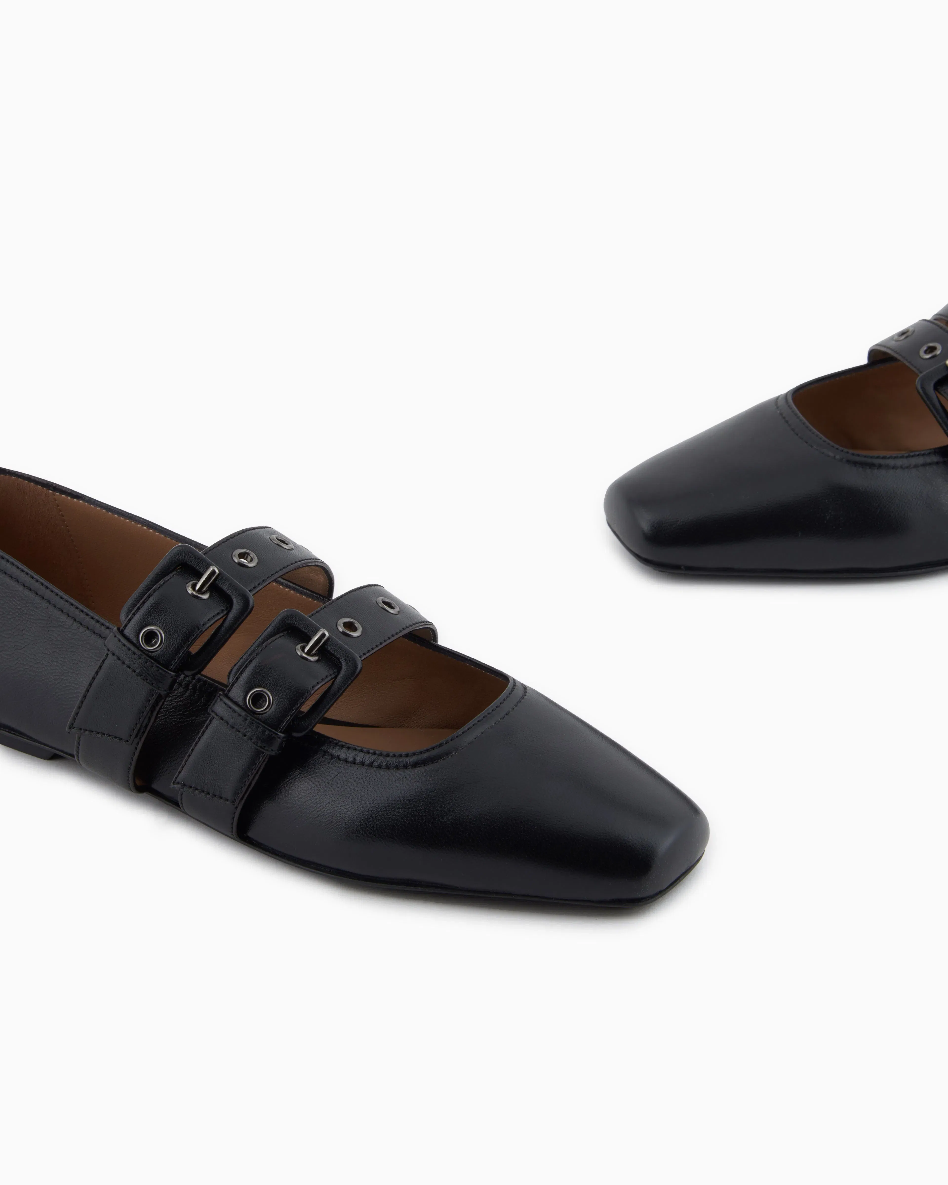 Emporio Armani Nappa-Leather Square-Toed Ballerinas With Double Strap Black