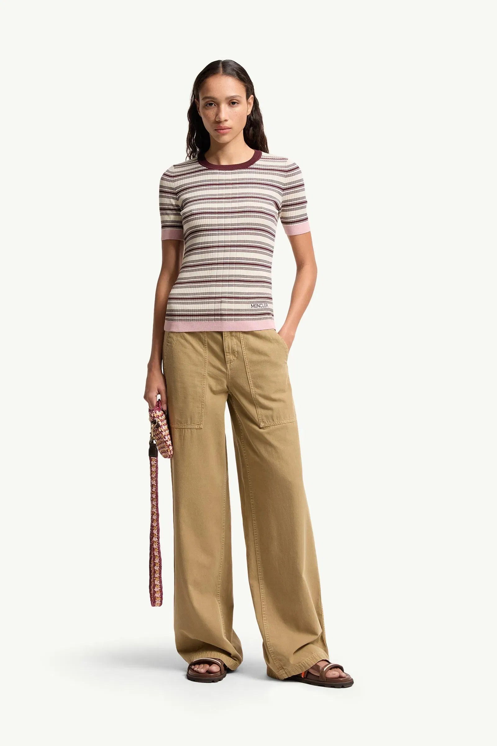 Moncler Striped Cotton T-Shirt White & Brown White & Brown