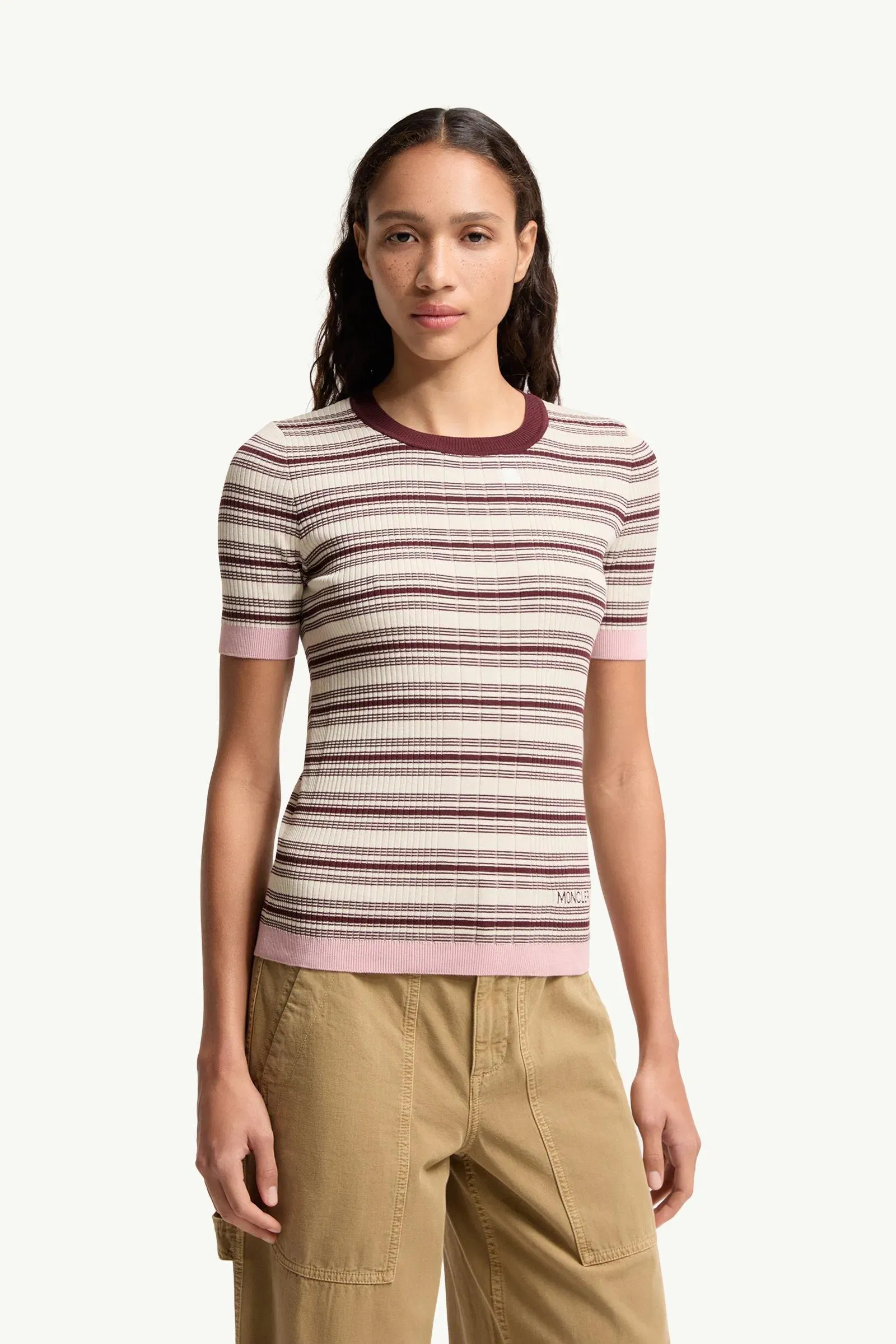 Moncler Striped Cotton T-Shirt White & Brown White & Brown