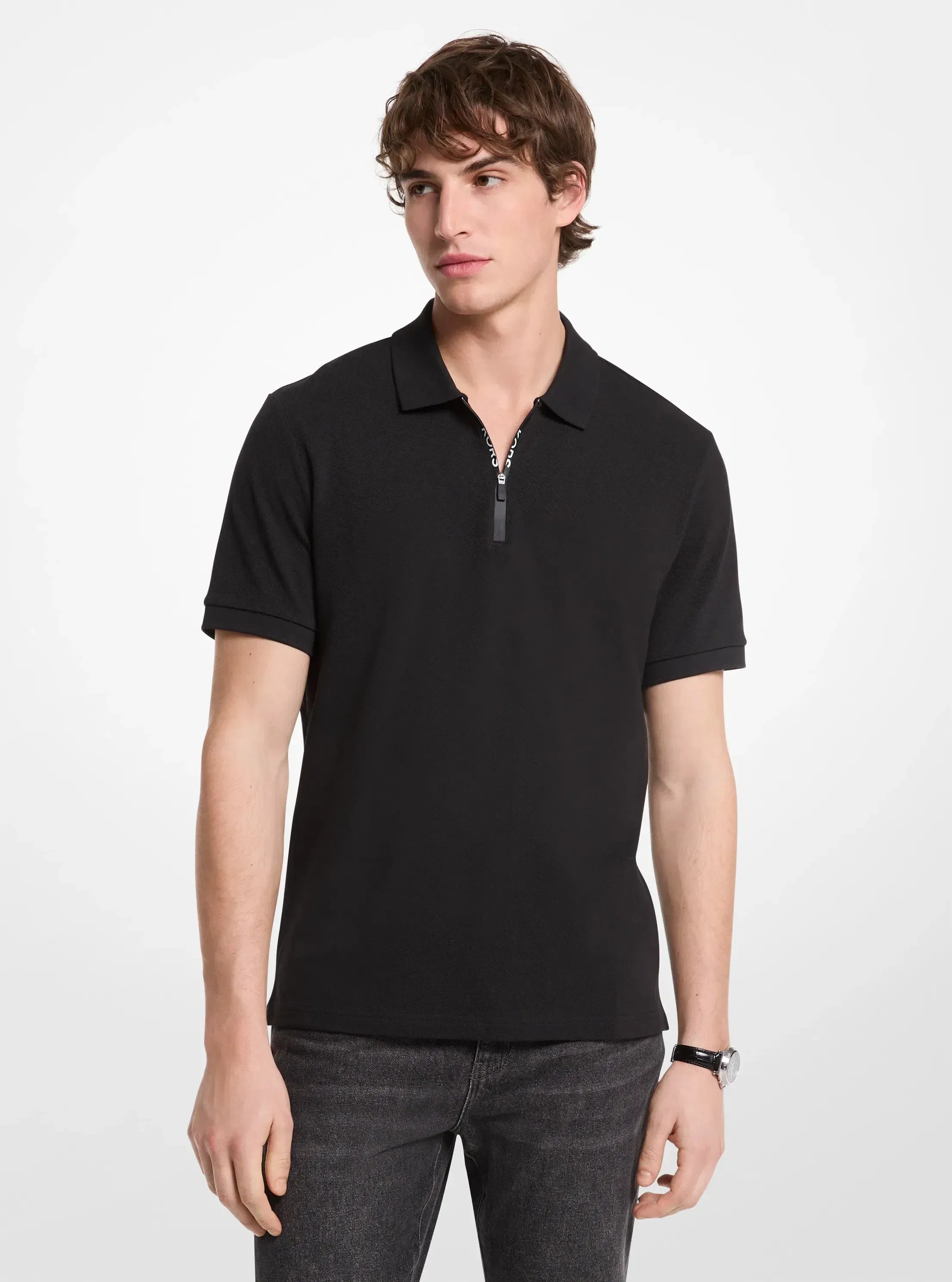 Michael Kors Cotton Zip-Up Polo Shirt BLACK
