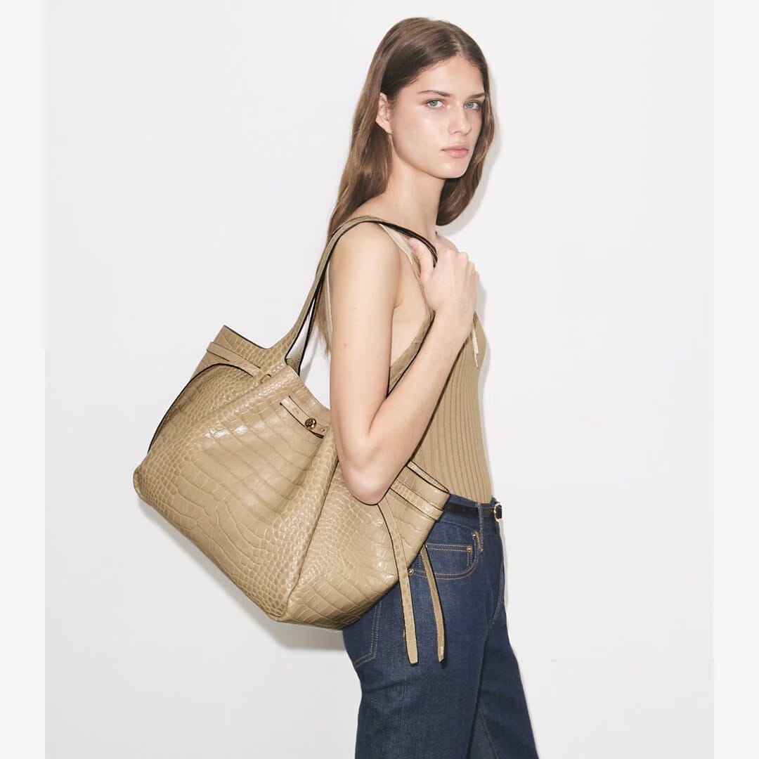 Tory Burch Romy Croc-Embossed Tote Light Hickory
