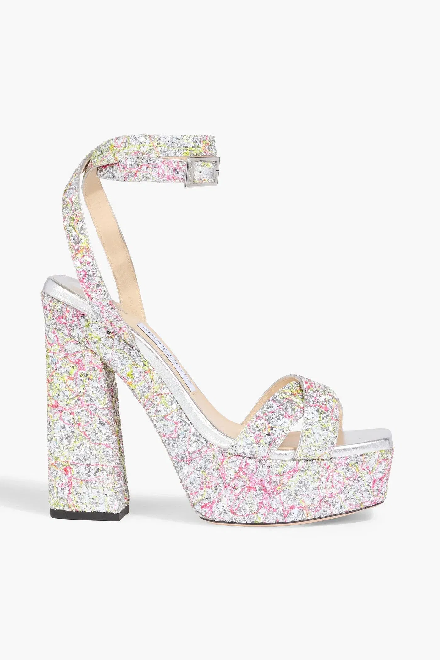 Jimmy Choo Gaia Glittered Metallic Leather Platform Sandals Silver Women's